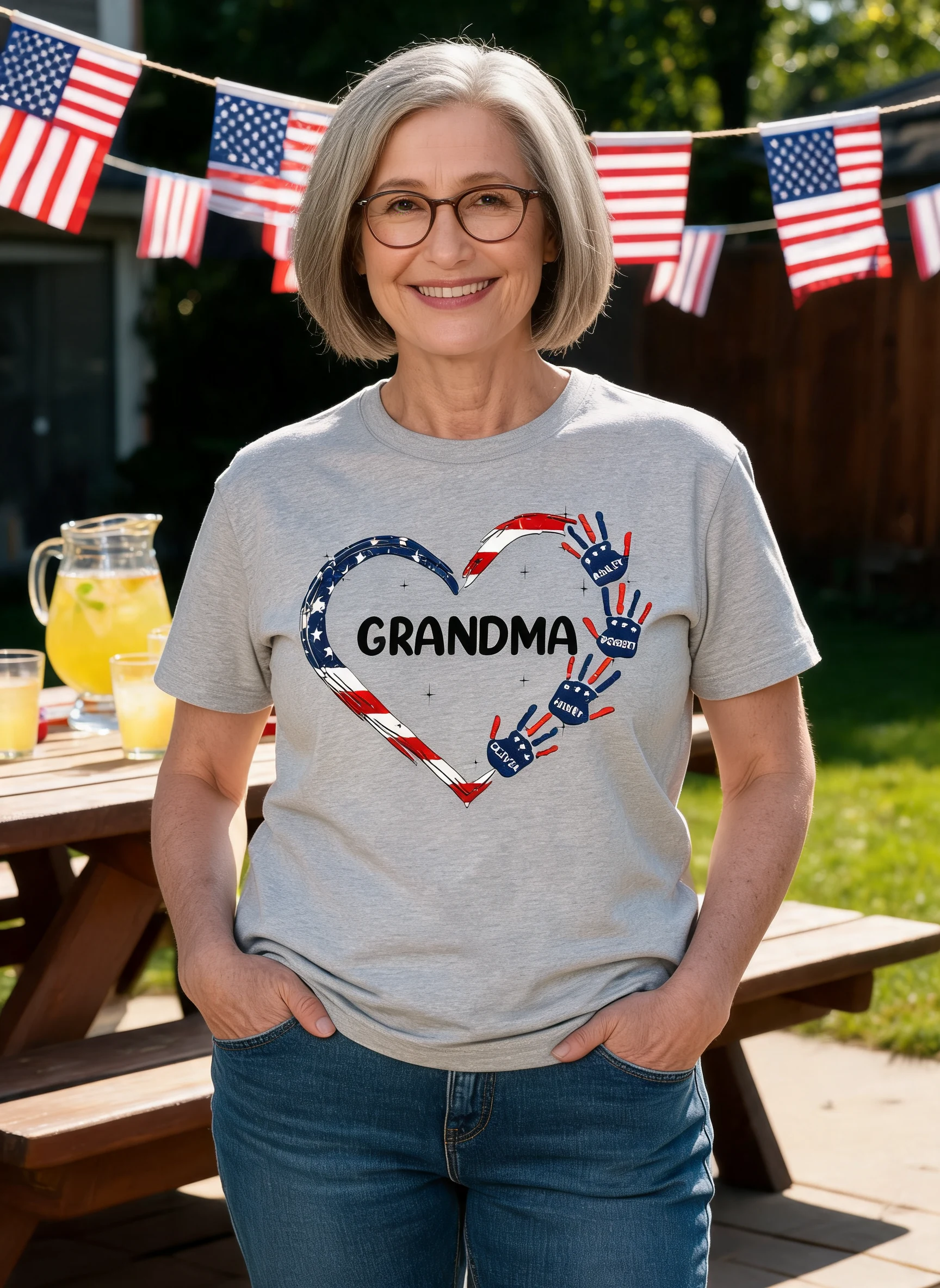 Grandma Mom Heart Handprints 4th Of July Independence Day Personalized Shirt — Sport Grey