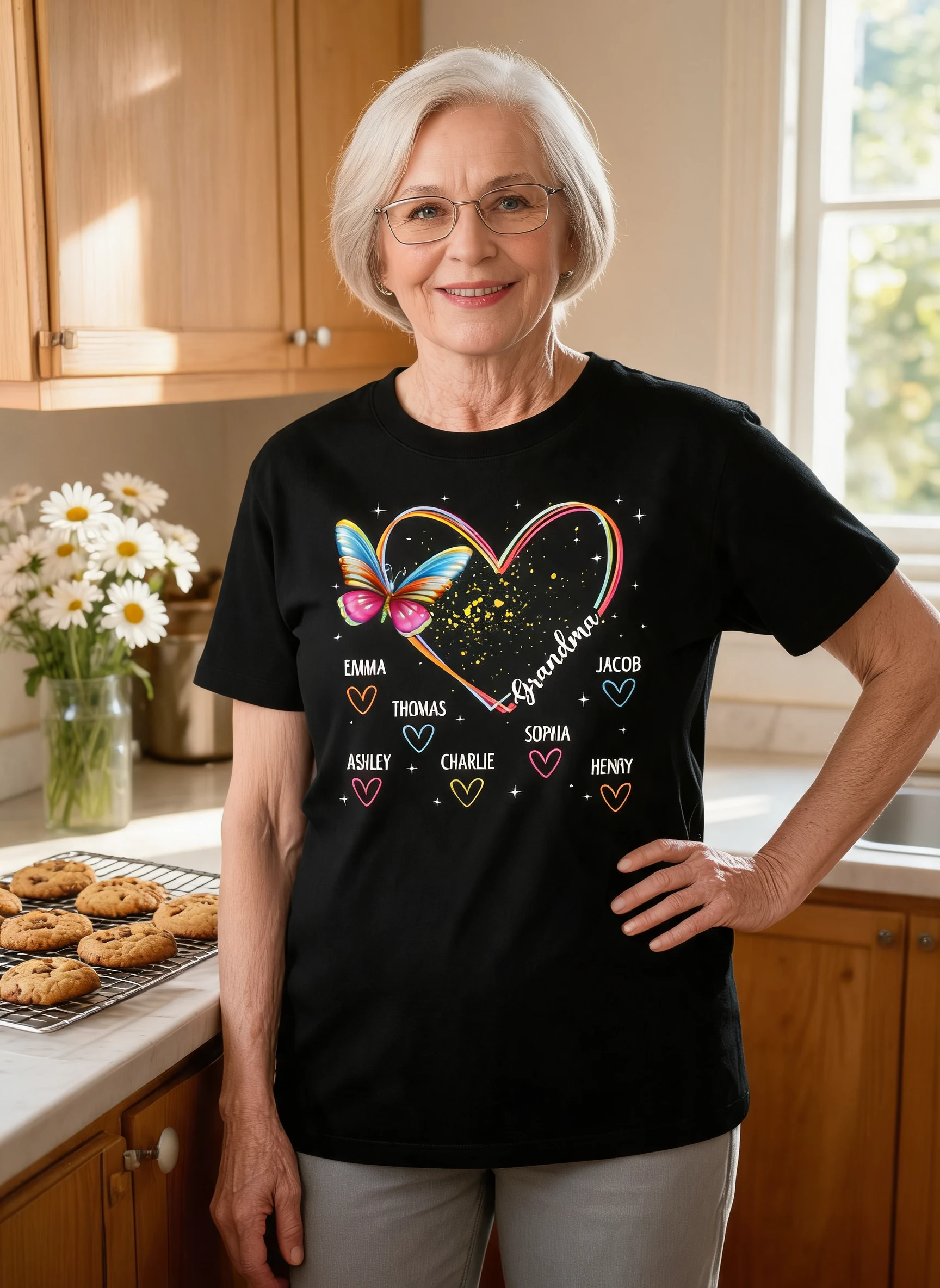 Grandma Mom Heart Lines Butterfly Personalized Shirt — Black