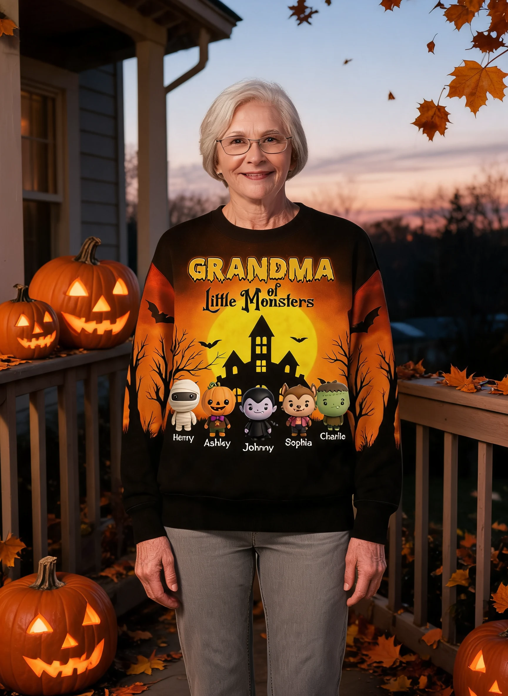 Sweat-shirt 3D personnalisé Grandma Mom Little Monsters, cadeau d'Halloween pour Mamie — Noir