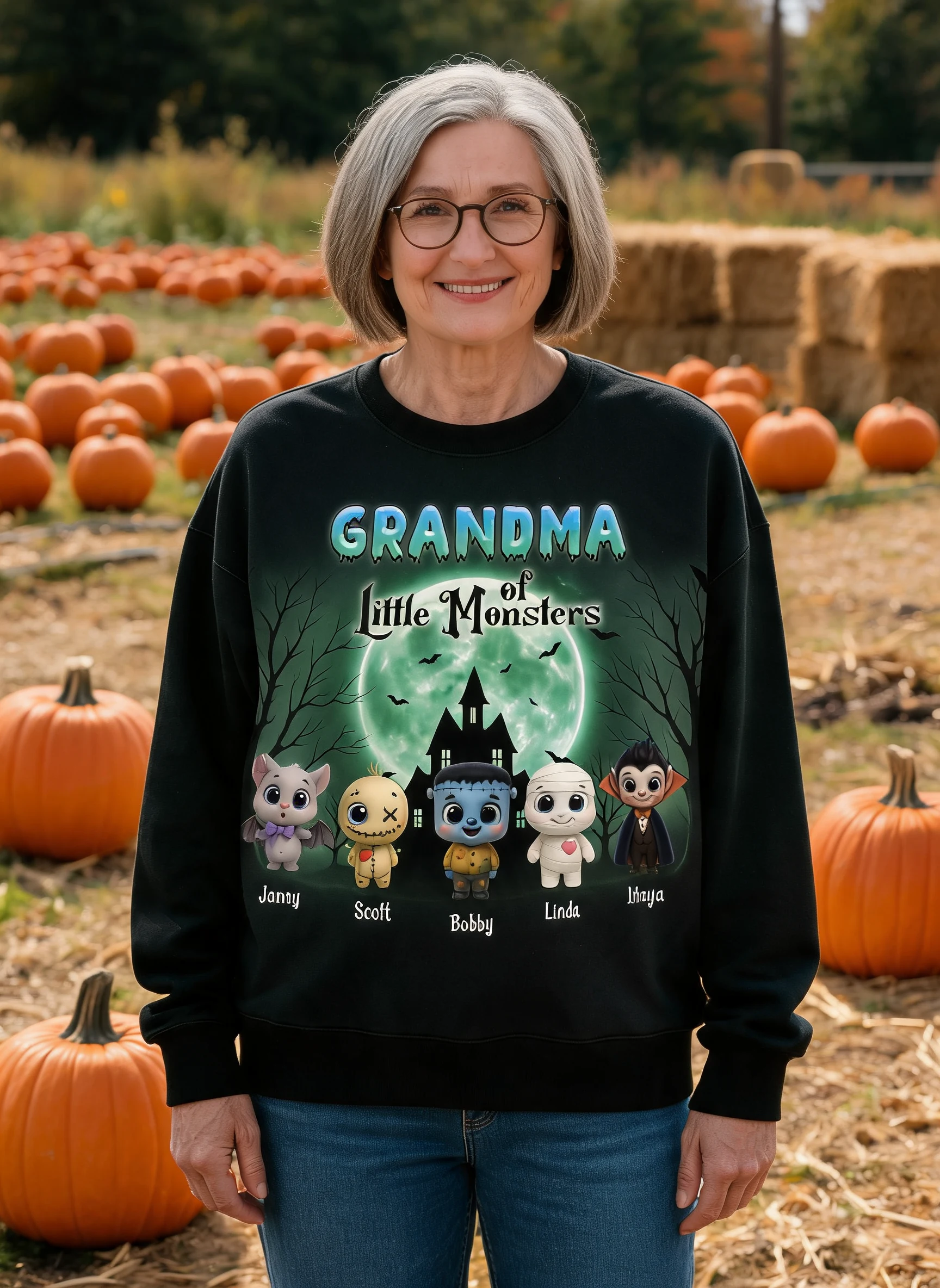 Mamie Maman Petits Monstres Thème Bleu Canard Sweat-shirt Personnalisé 3D, Cadeau d'Halloween pour Mamie — Noir