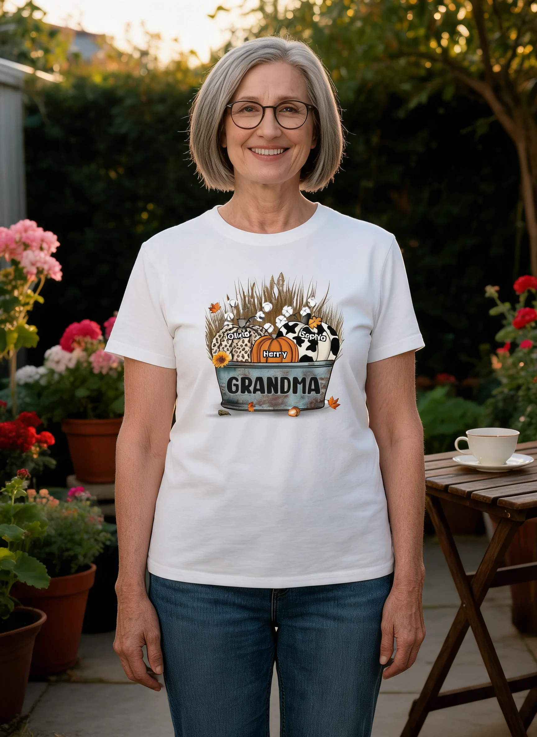Grandma Mom Pumpkins In Bucket Fall Season Personalized Shirt — White
