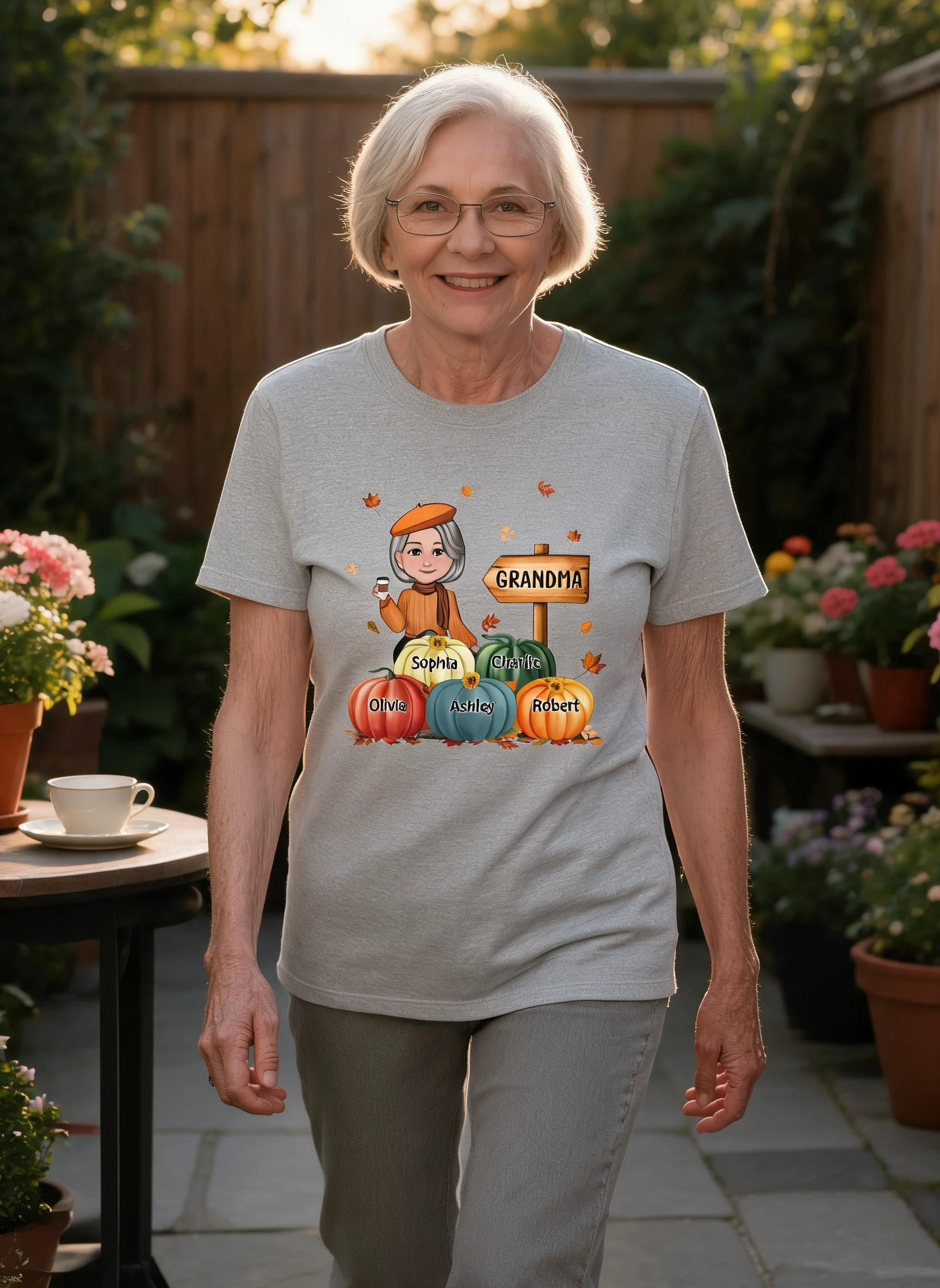 Oma Mama Sitzt Im Kürbisfeld Personalisiertes Shirt — Sport Grey