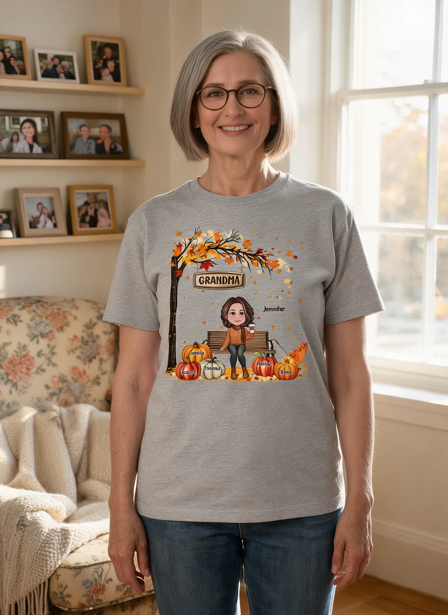 Grandma Mom Sitting On Bench Under Tree Fall Season Personalized Shirt — Sport Grey