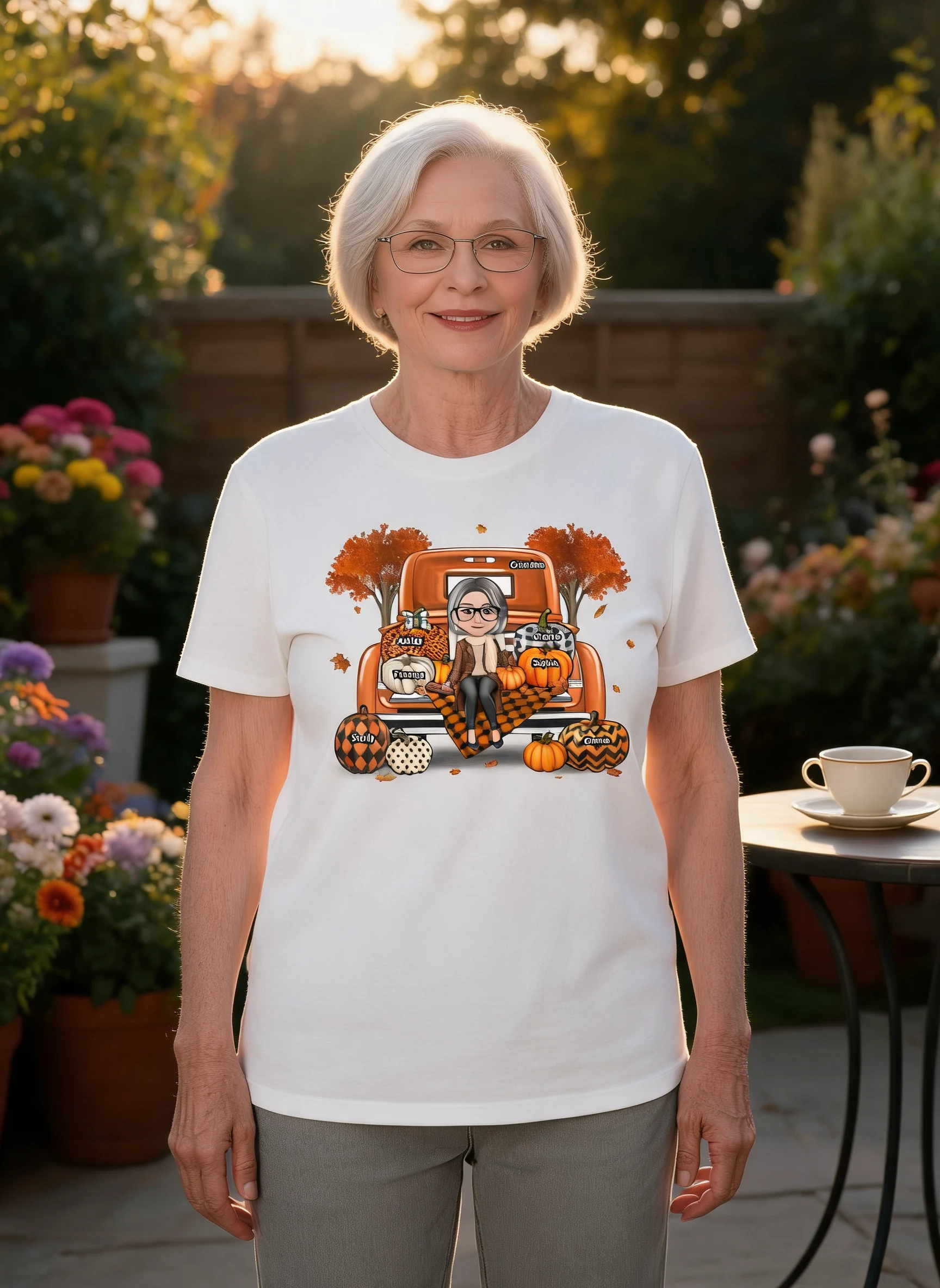 Grandma Mom Sitting On Orange Pumpkins Truck Fall Season Personalized Shirt — White