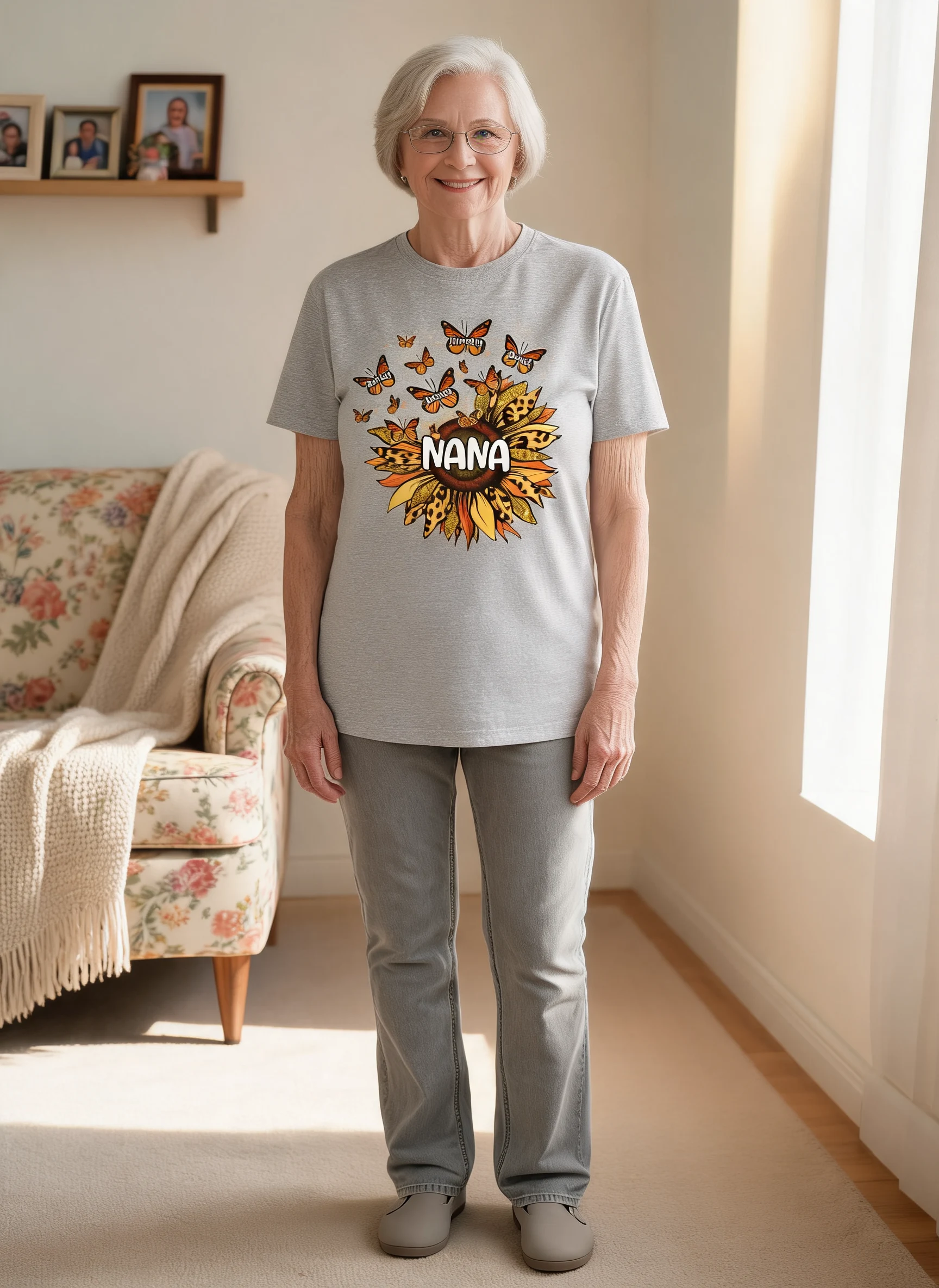 Grandma Mom Sunflower Butterflies Fall Season Personalized Shirt — Sport Grey