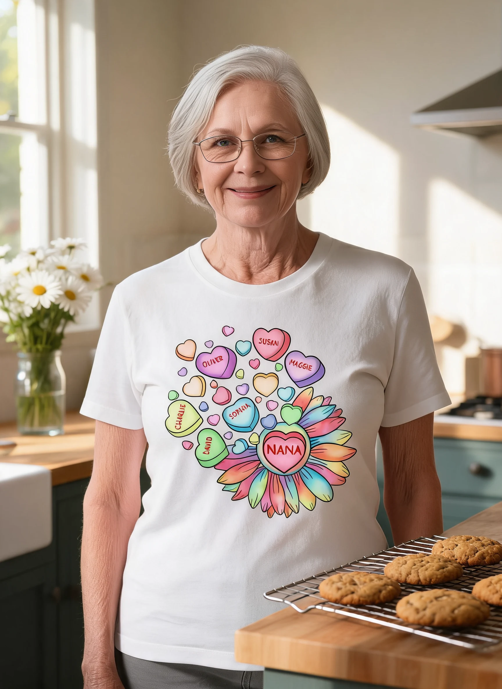 Grandma Mom Sunflower Candy Hearts Personalized Shirt — White