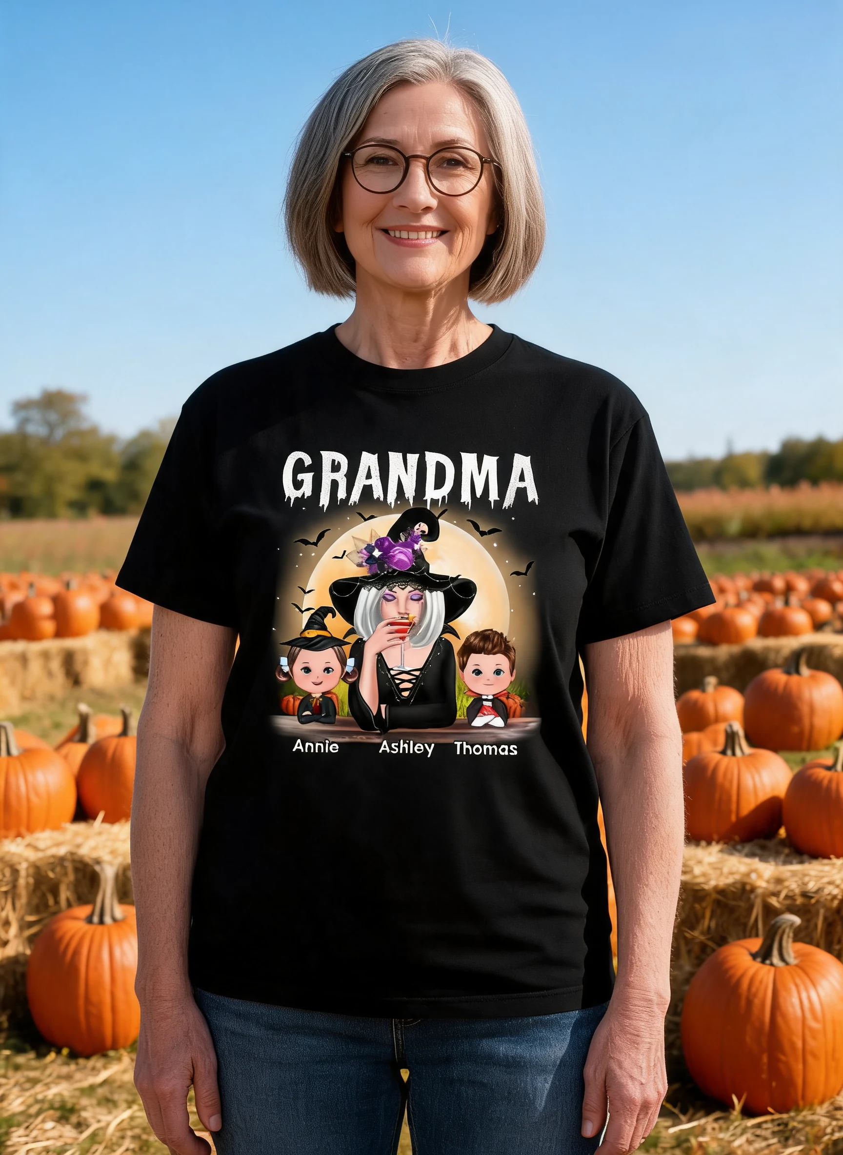 Grandma Mom Witch With GrandKids Halloween Personalized Shirt (Dark Color Shirt) — Black