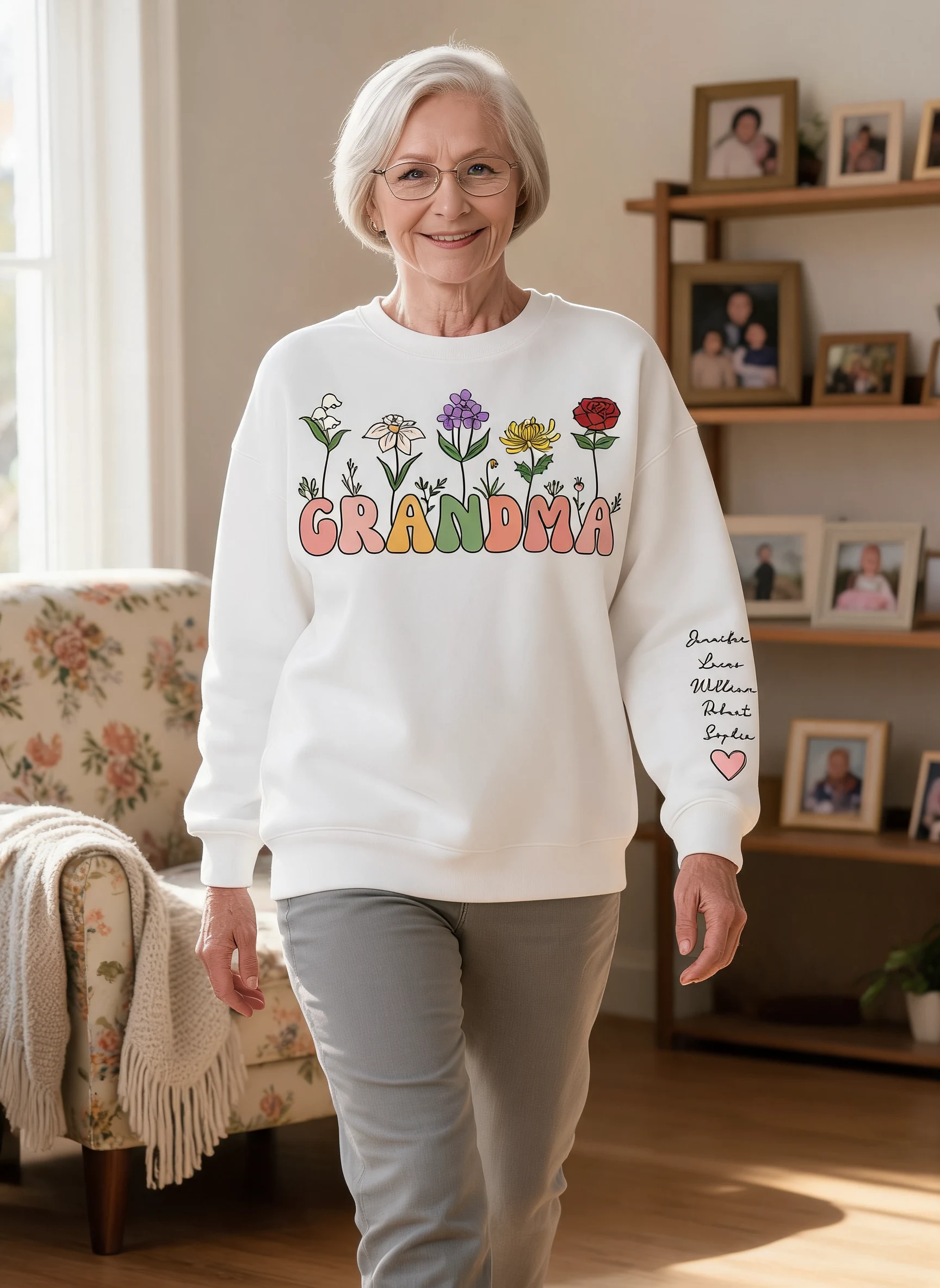 Grandma Retro Birth Month Flower Gift Personalized Sleeve Printed Sweatshirt — White