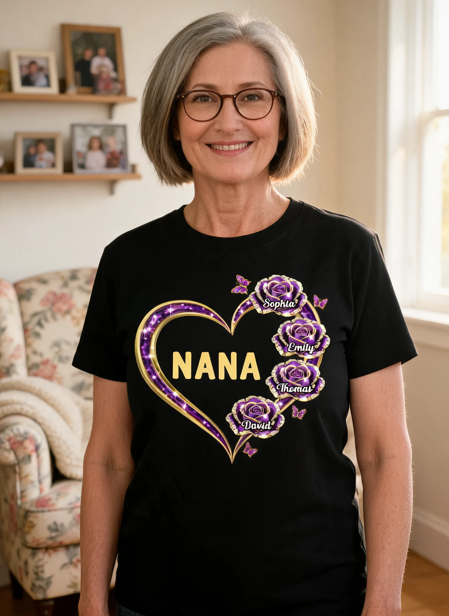 Grandma Rose Heart Custom Kids Names - Personalized Shirt - Gift For Grandma, Mom — Black