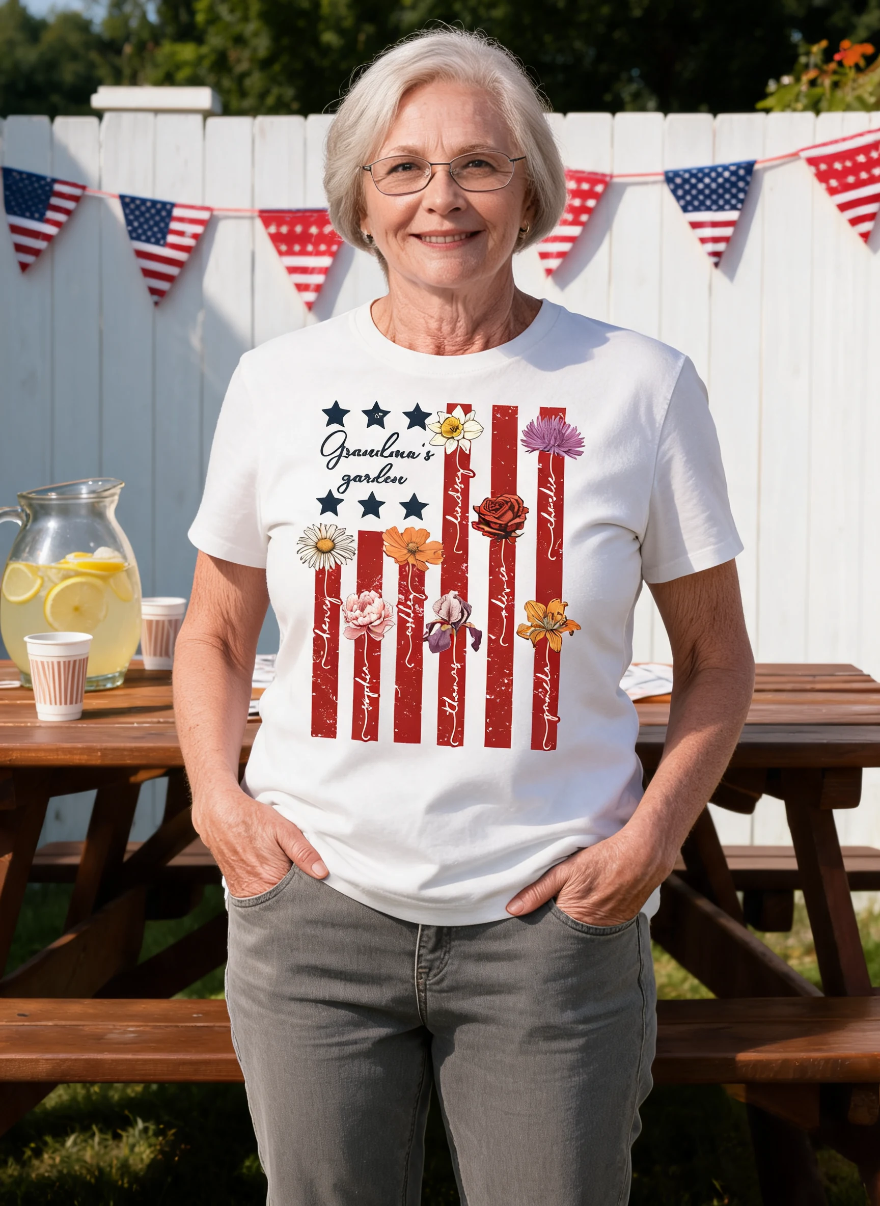 Grandma's Garden 4th Of July American Flag Personalized Shirt, Birth Month Flower, Gift For Grandma — White