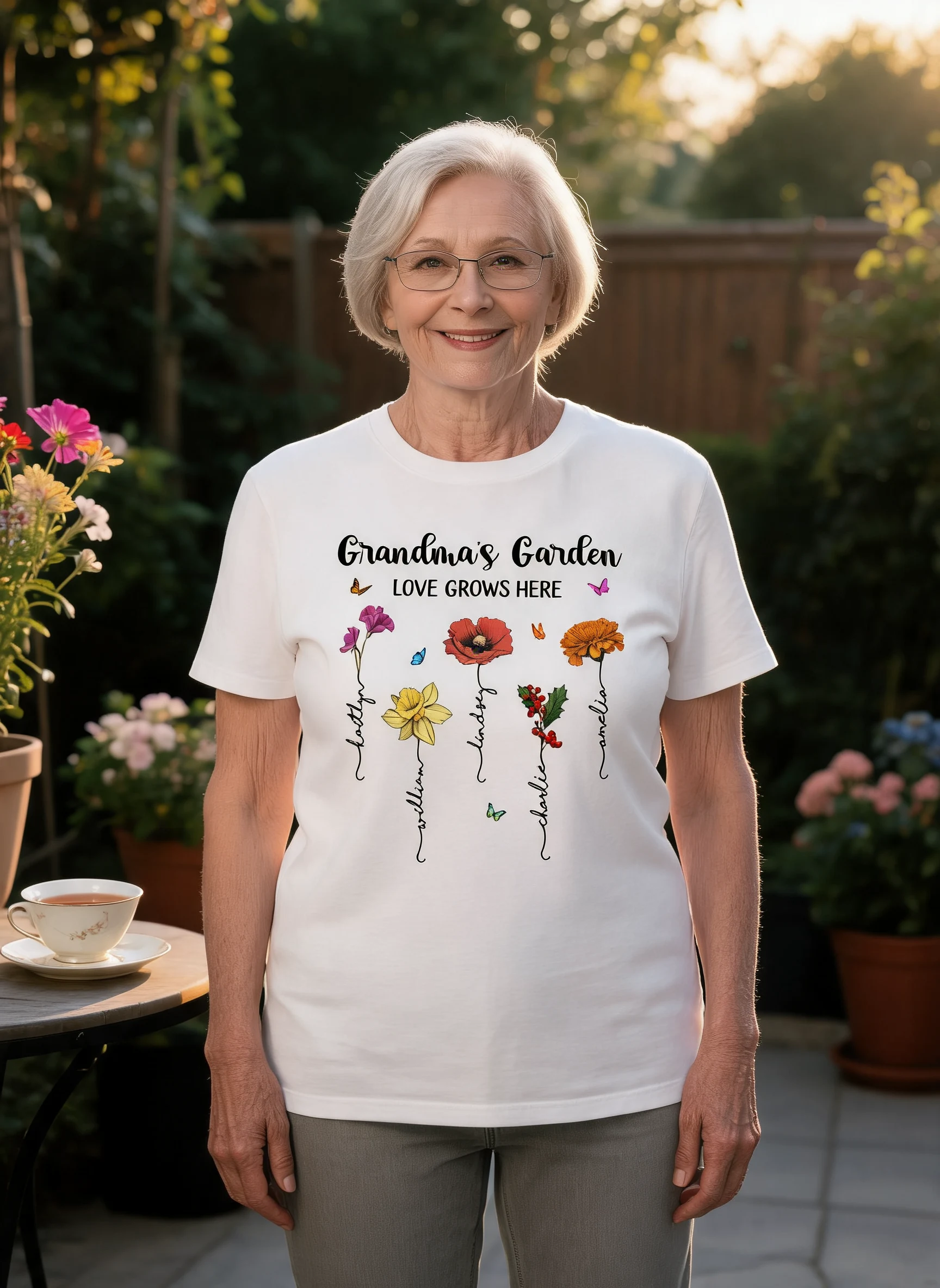 Omas Garten Liebe Wächst Hier Wunderschöne Geburtsmonatsblume Muttertagsgeschenk Für Oma Mama Personalisiertes Shirt — Weiß