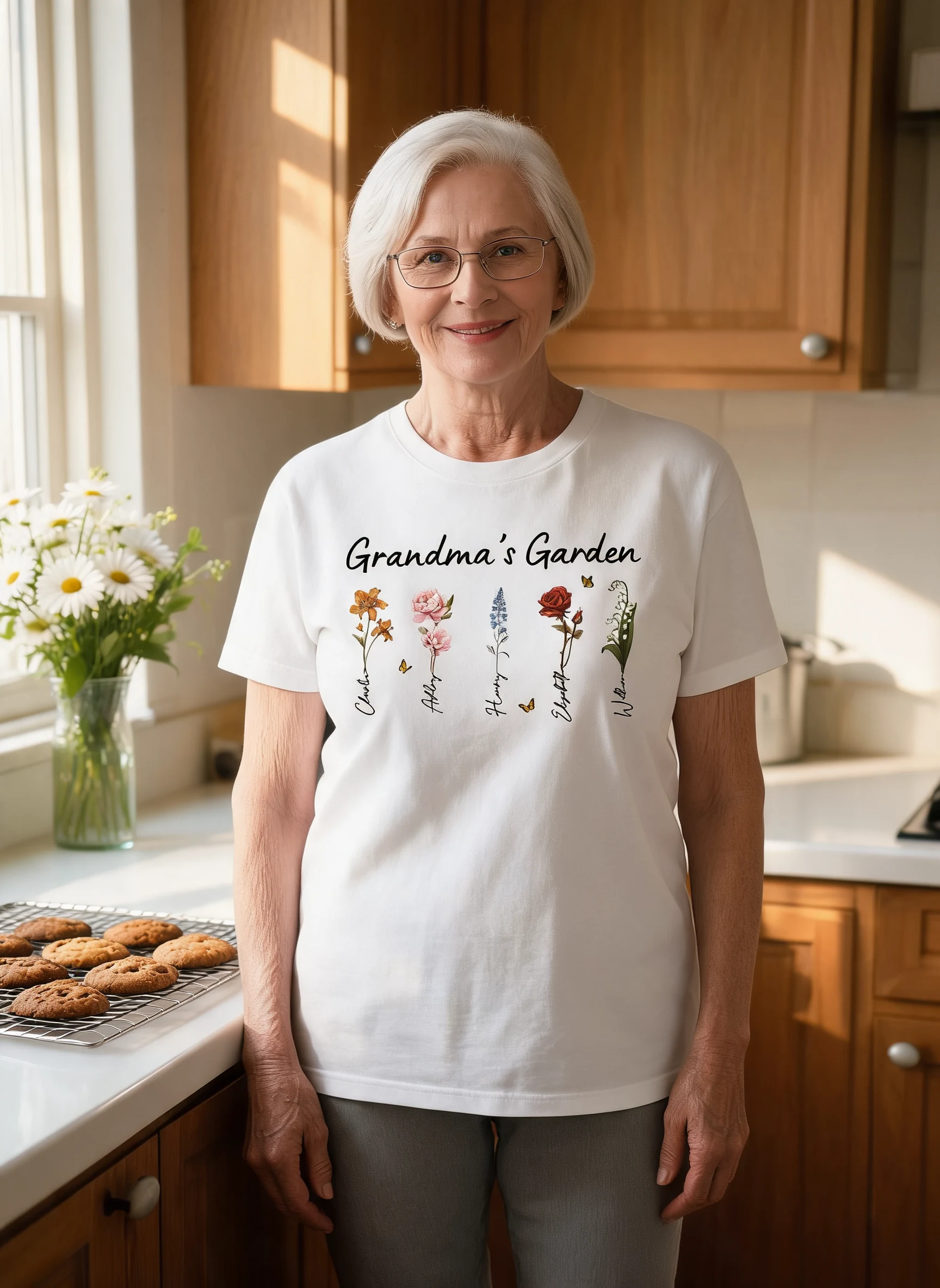 Grandma's Garden Vintage Birth Month Flower Personalized Shirt, Heartfelt Gift For Grandma, Mom, Auntie — White