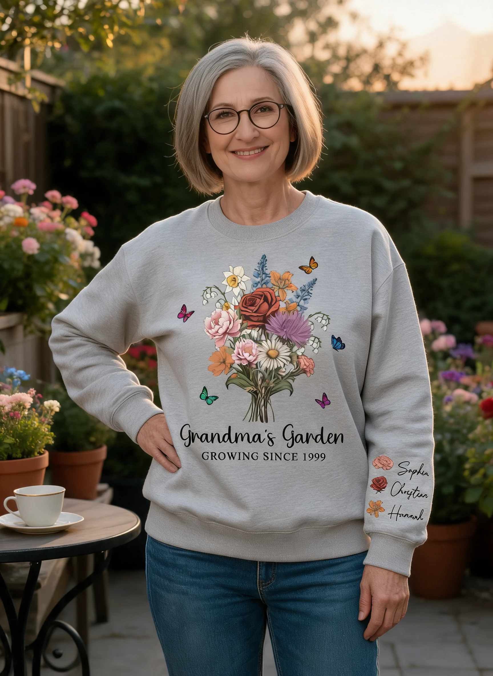 Grandma's Garden Vintage Birth Month Flowers Bouquet Personalized Sleeve Printed Sweatshirt — Sport Grey