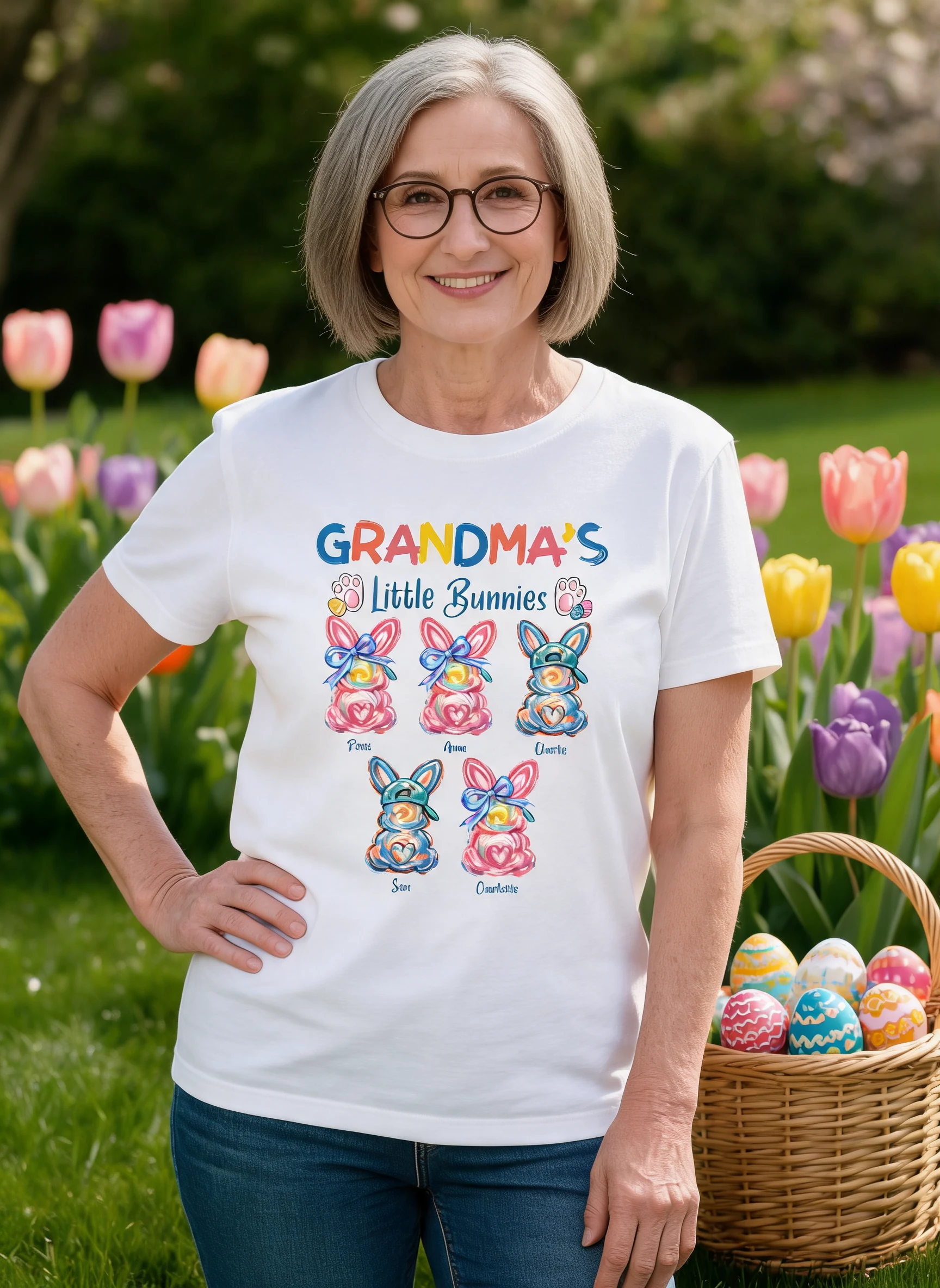 Grandma's Little Bunnies Colorful Brushstroke - Personalized Shirt - Easter Shirt for Grandma — White
