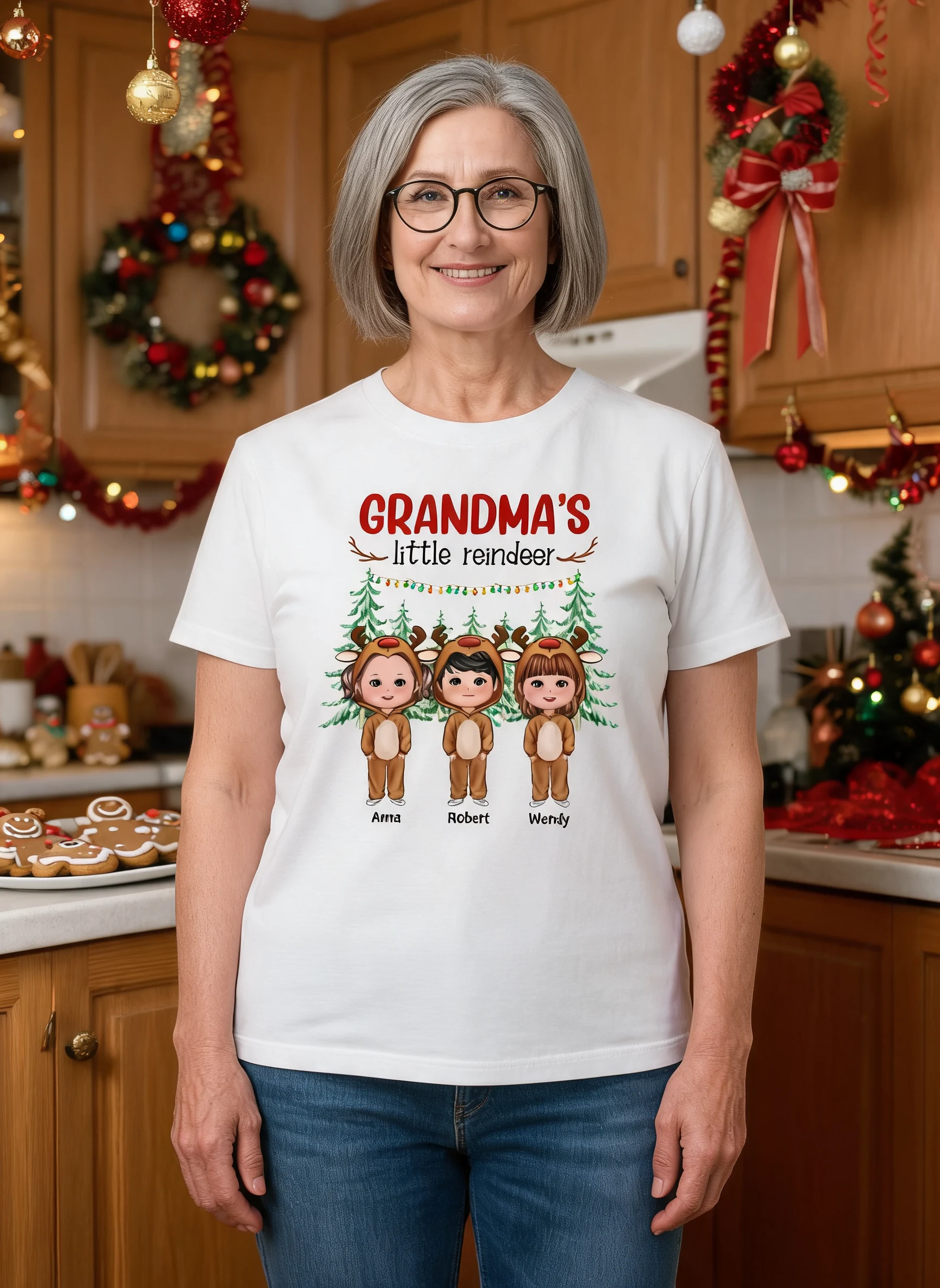 T-shirt personnalisé Poupée Petit Renne de Mamie Enfants Noël — Blanc