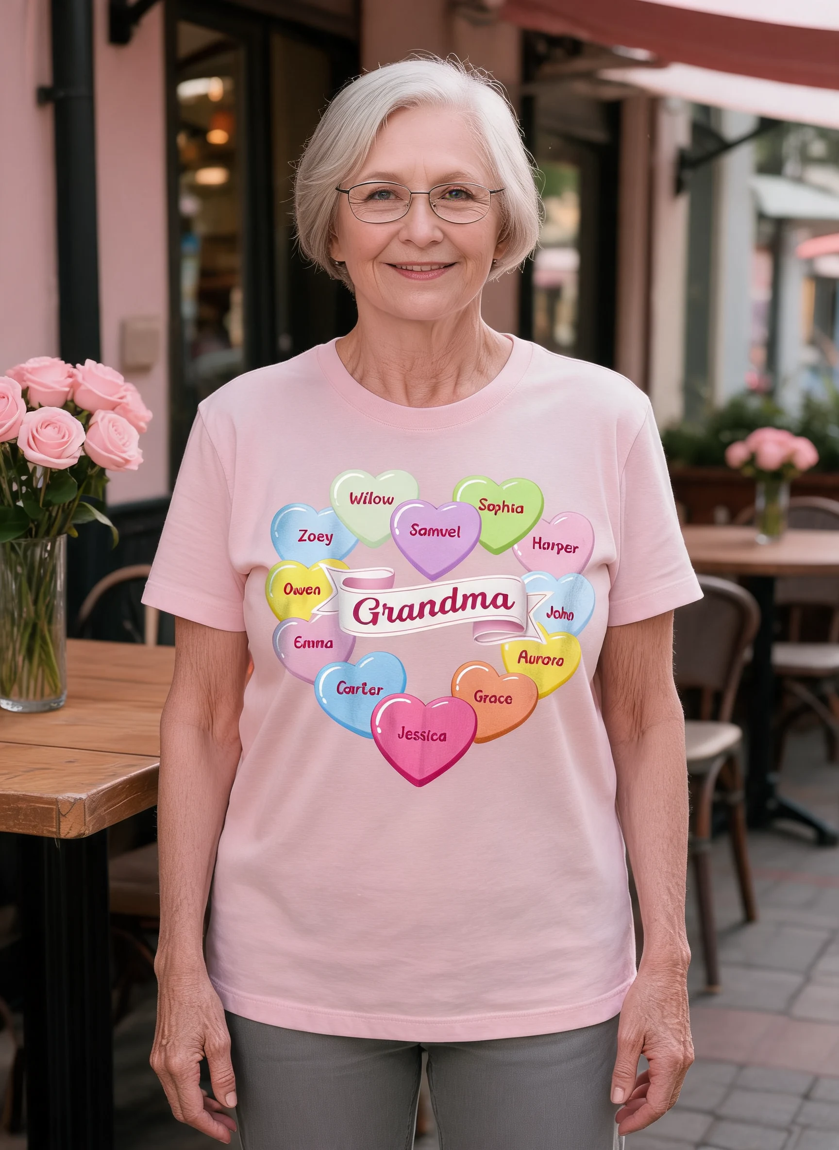 Grandma's Sweethearts Conversation Hearts Grandkids Names Valentine's Day - Personalized Shirt — Light Pink
