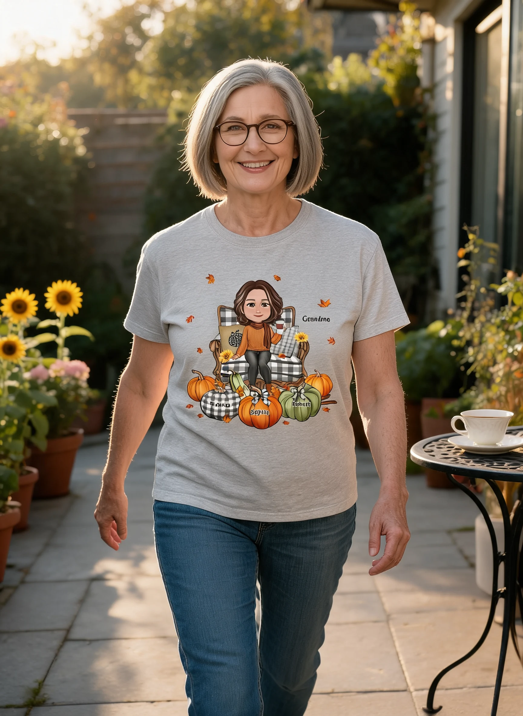 Grandma Sitting On Chair Pumpkins Personalized Shirt — Sport Grey