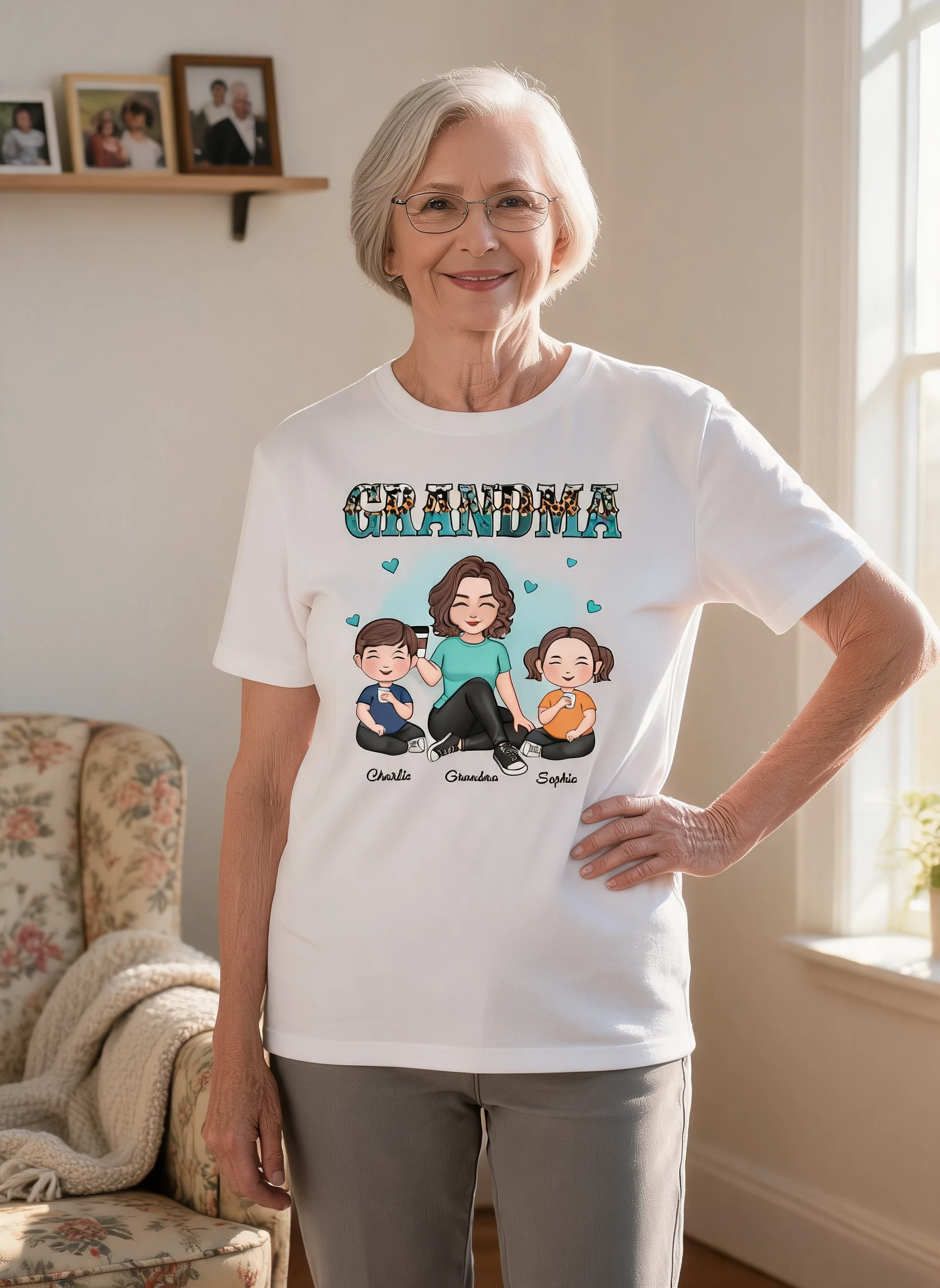 Grandma Sitting With Grandkids Leopard Pattern Personalized Shirt — White
