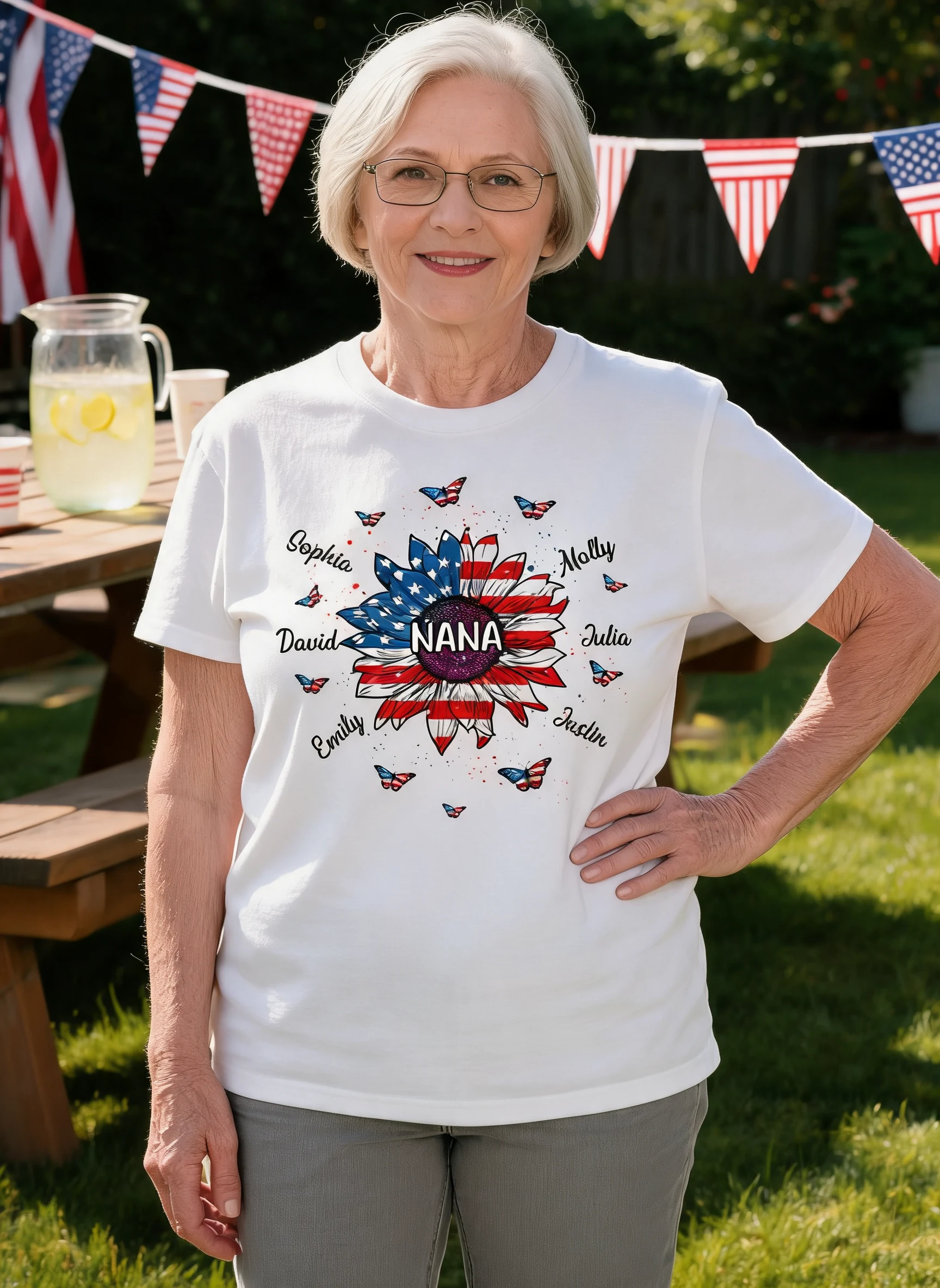 Grandma With Grandkids Names Nation Flag Sunflower Personalized Shirt — White
