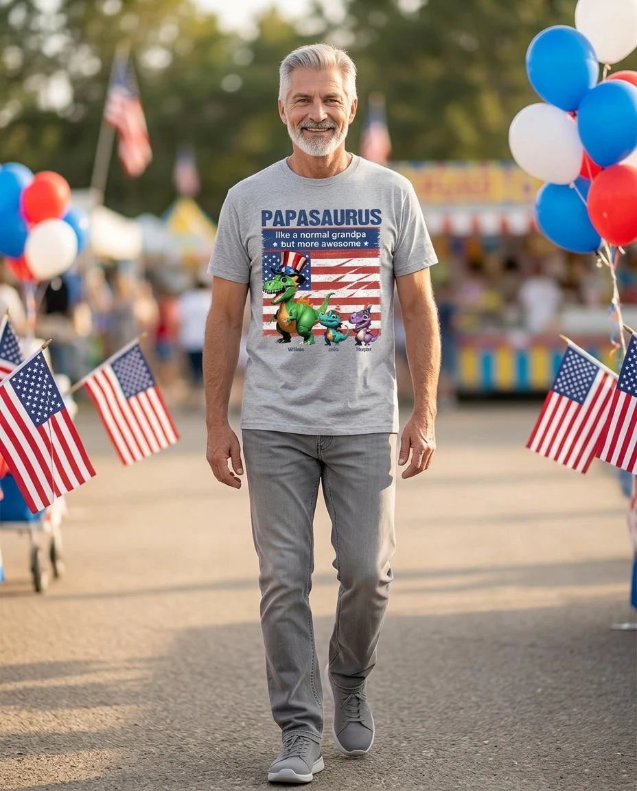 Grandpasaurus And Kids 3D Effect Dinosaurs 4th Of July Independence Day Celebration Personalized Shirt — Sport Grey
