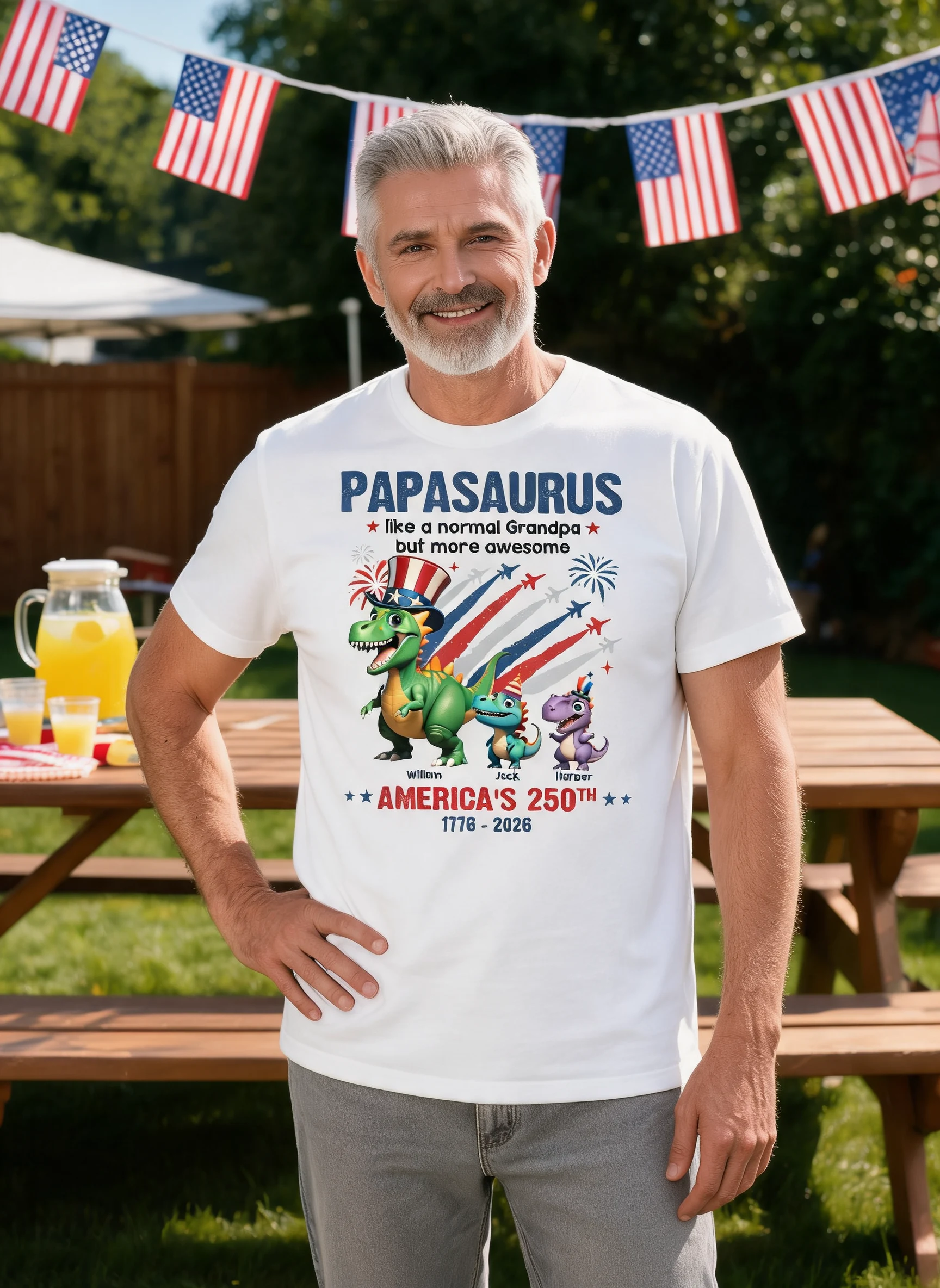 Grandpasaurus And Kids Patriotic Dinosaurs - Personalized Shirt - America's 250th Anniversary Keepsake — White