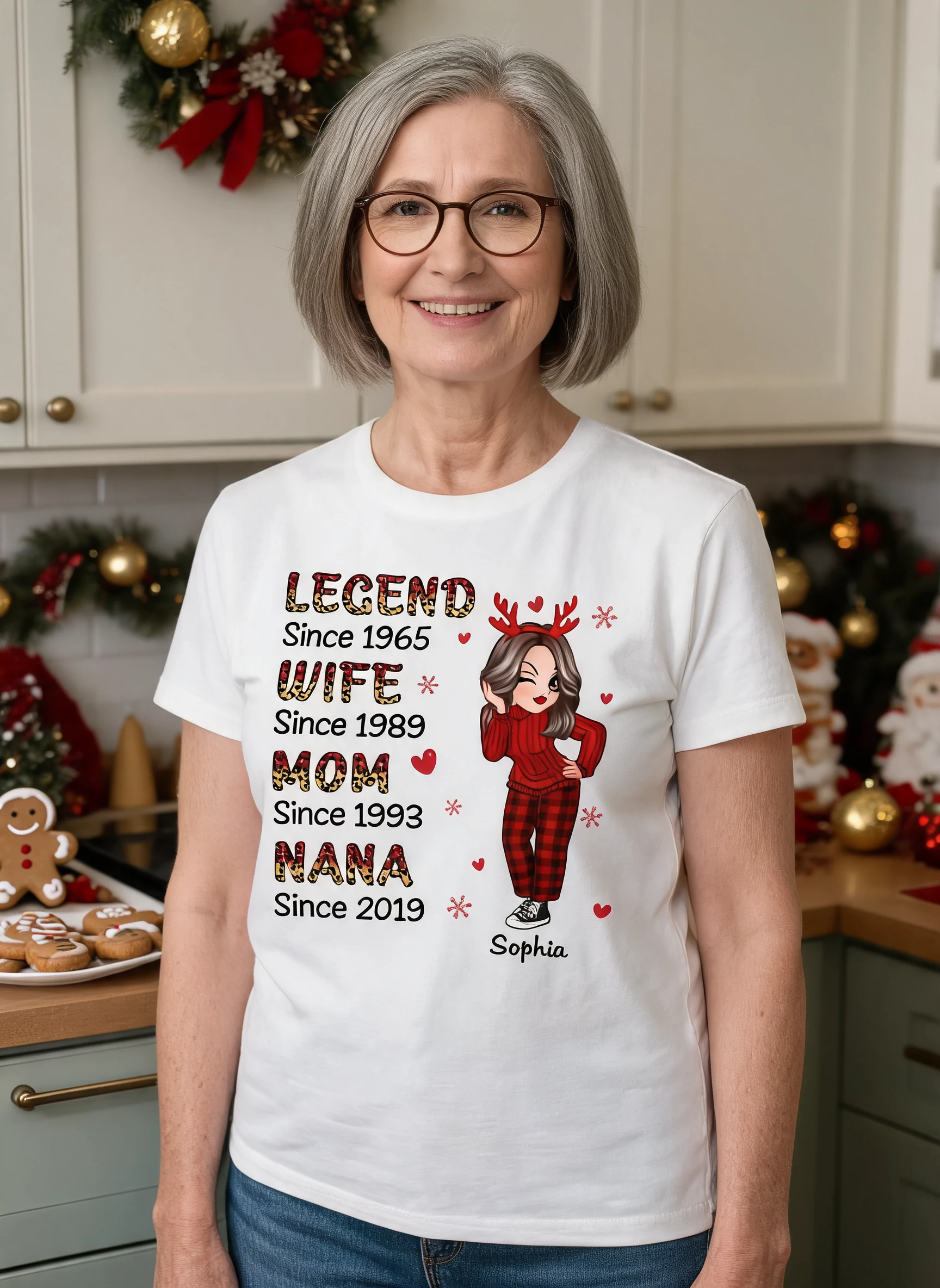 T-shirt Personnalisé Moitié Damier Léopard Légende Impertinente Épouse Maman Grand-mère Noël — Blanc