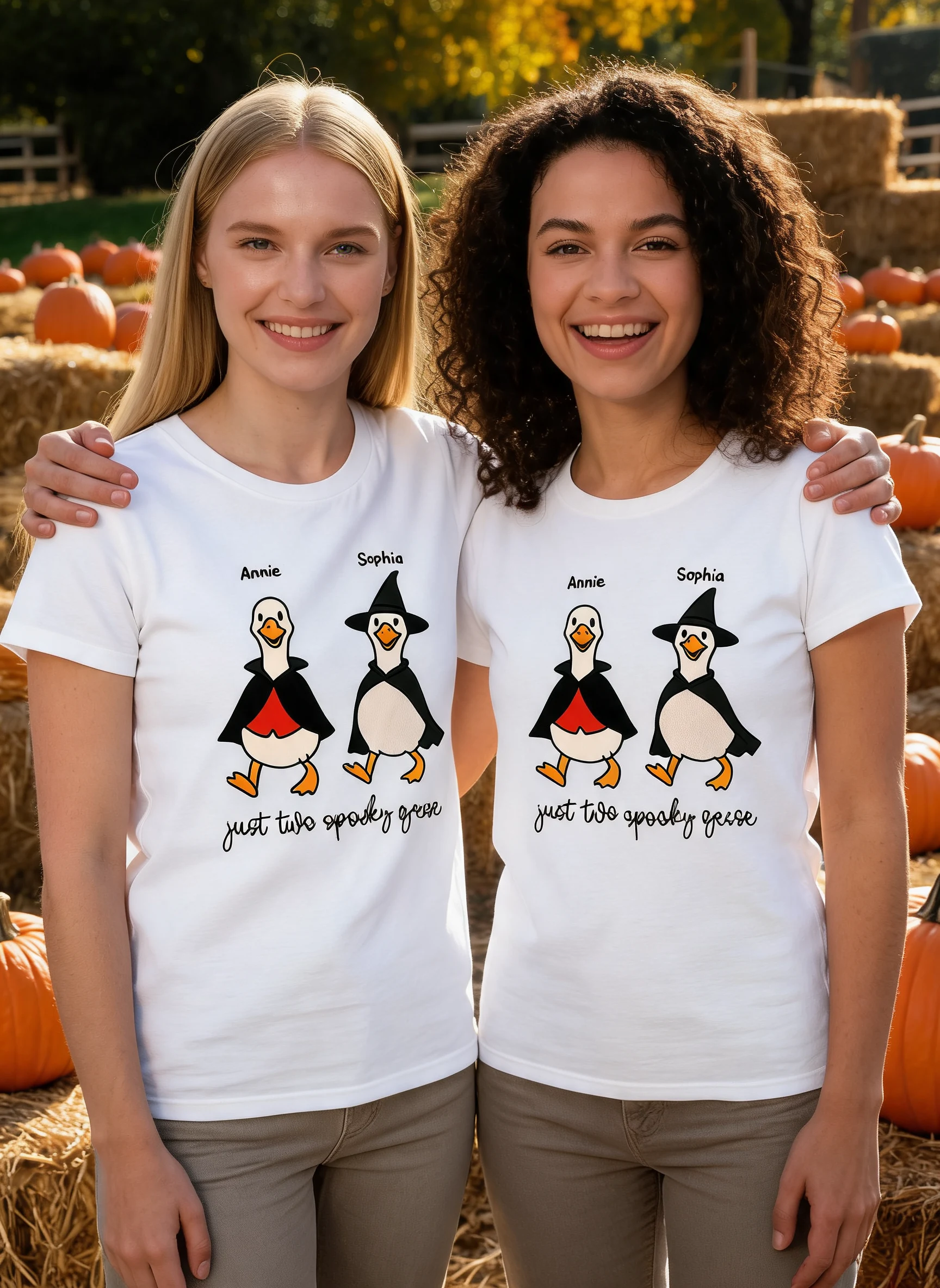 Halloween Funny Cute Spooky Goose Besties Personalized Shirt, Group Shirt For Besties — White