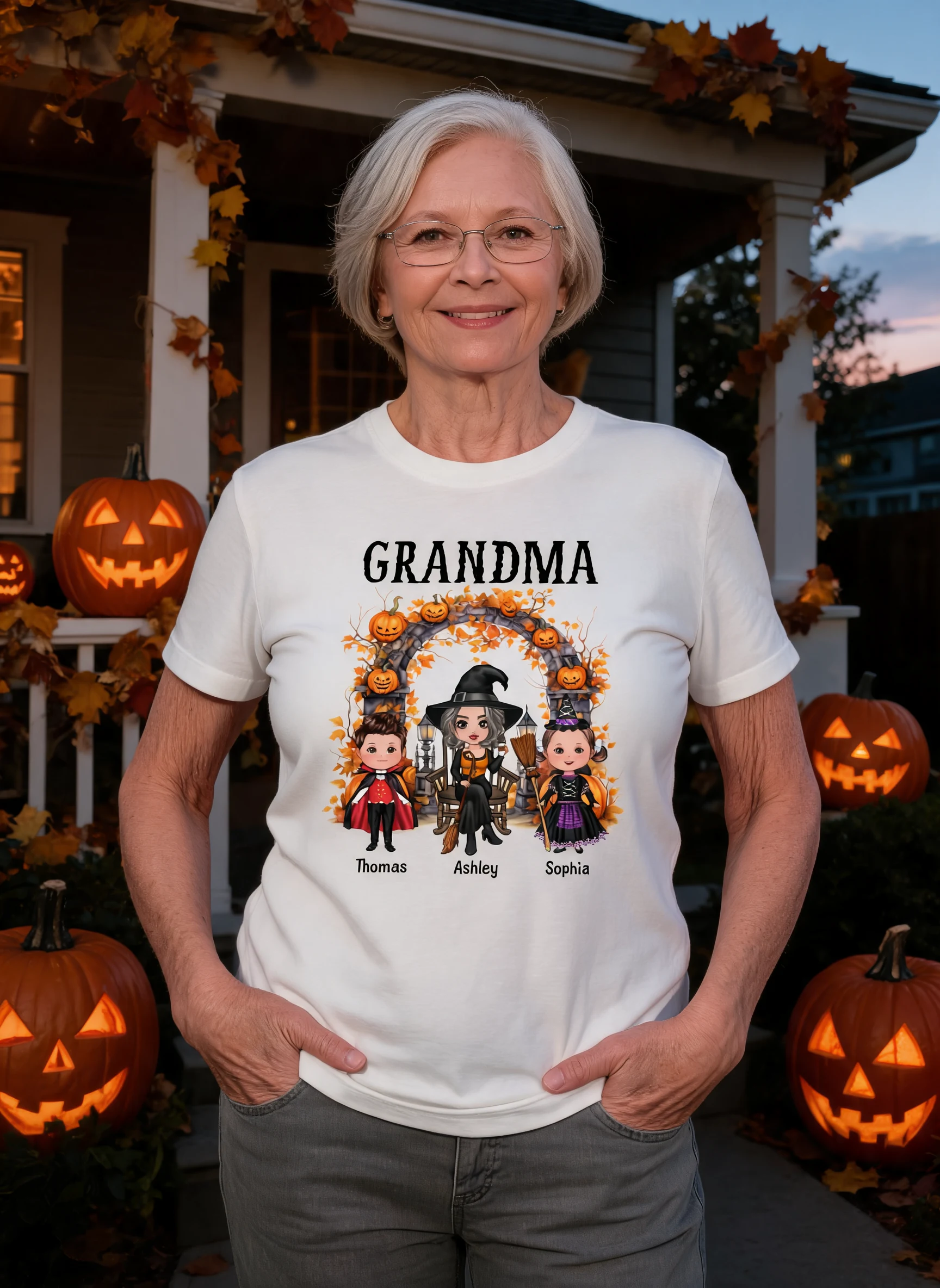 Halloween Grandma Grandkids Pumpkins At Cemetery Personalized Shirt — White