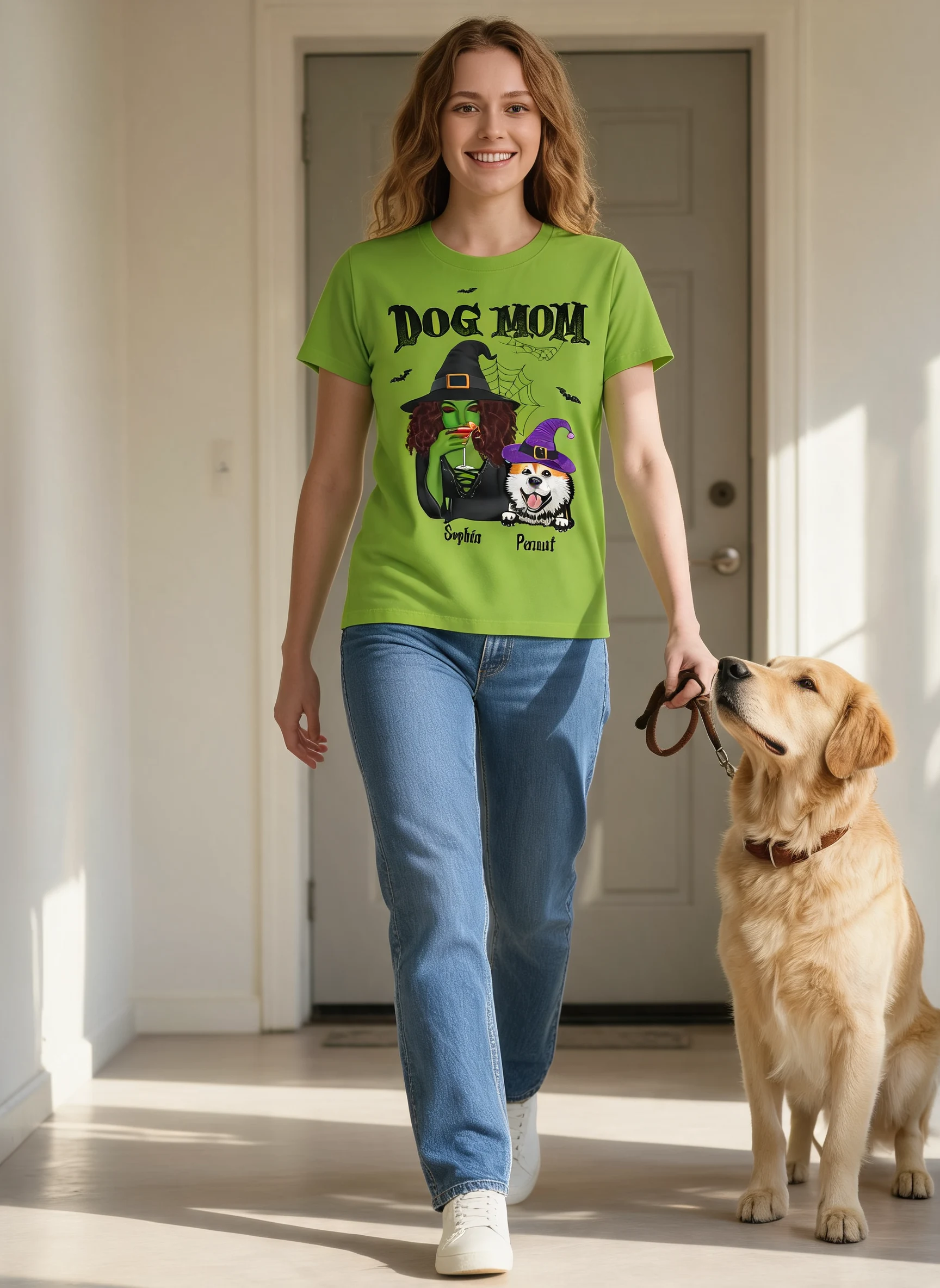 T-shirt 3D Personnalisé Sorcière Verte Maman Chien Halloween — Blanc