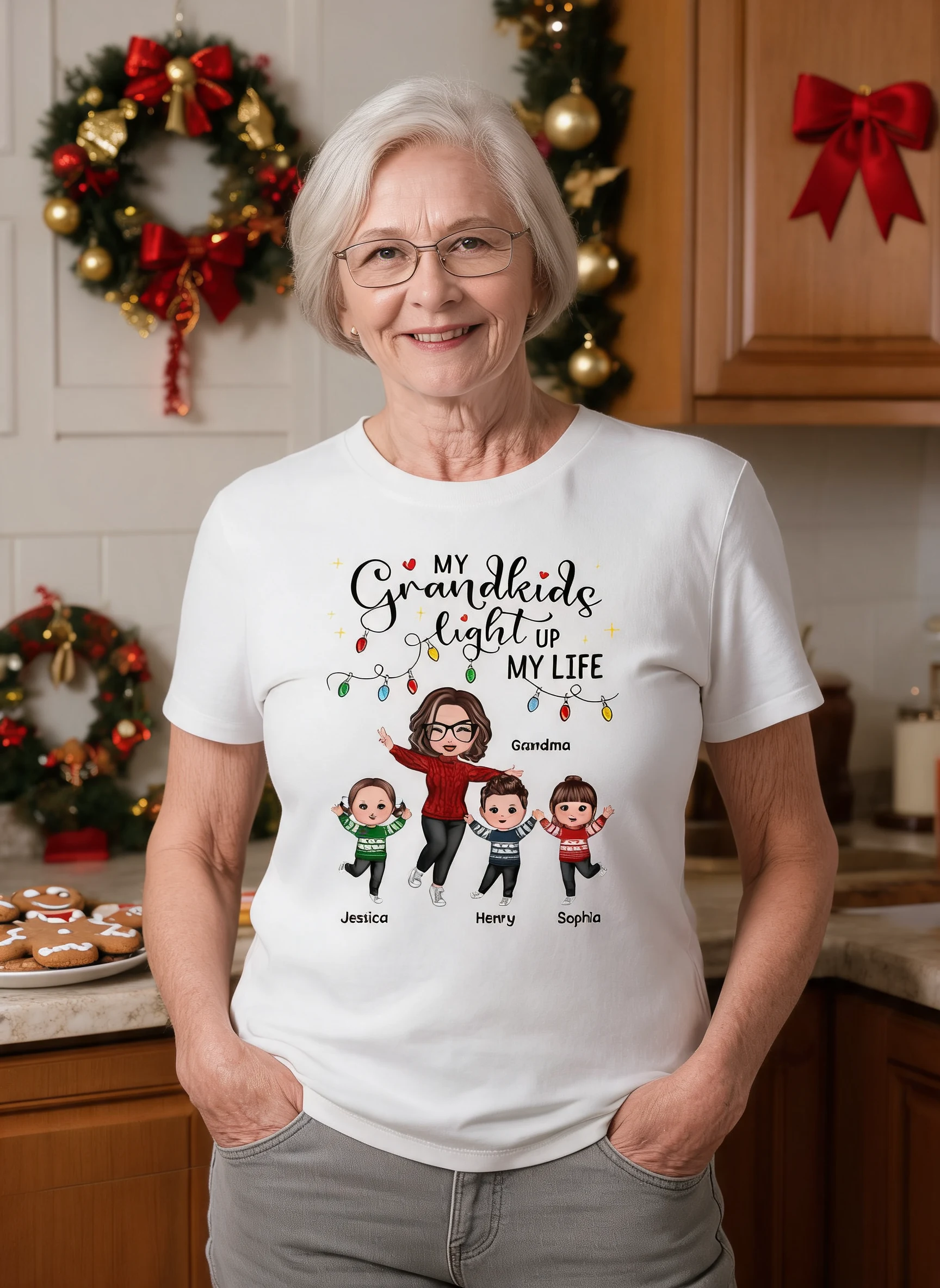 Happy Doll Abuela y Niños Mis Nietos Iluminan Mi Vida Navidad Camiseta Personalizada — Blanco