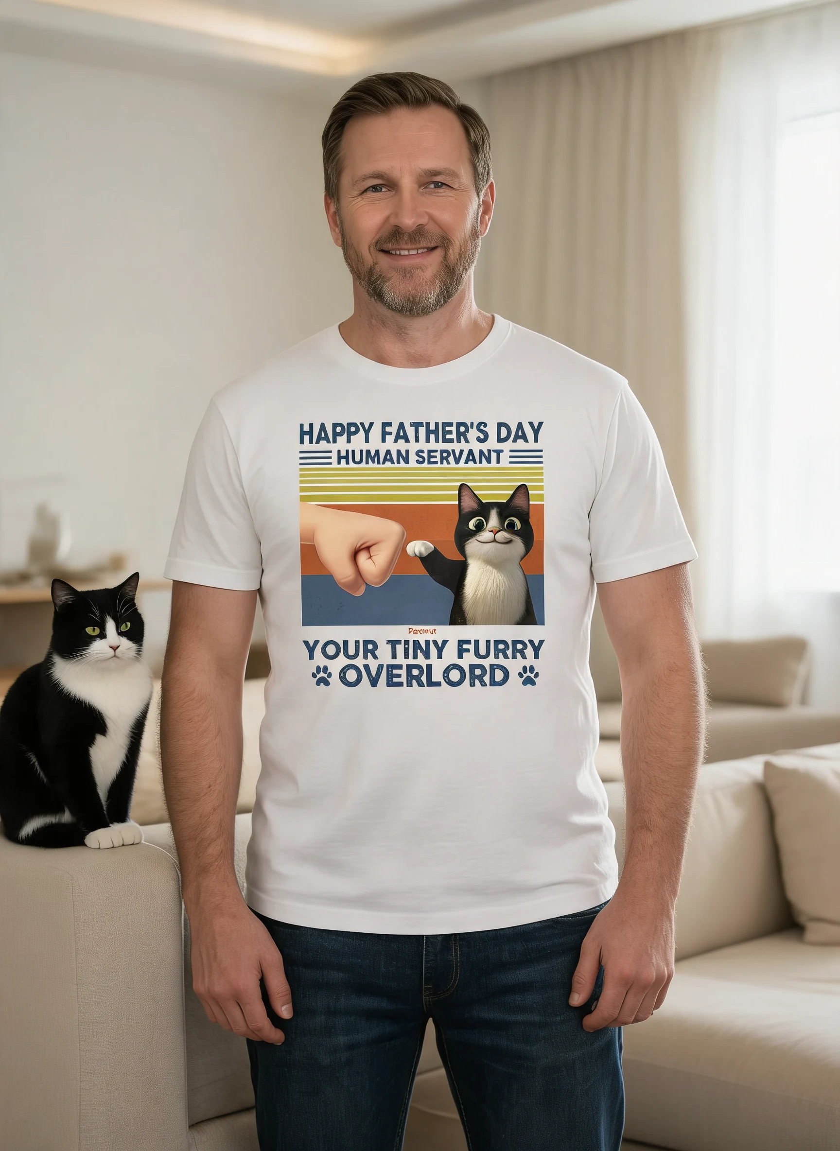 Joyeuse Fête des Pères Serviteur Humain Papa Chat, T-shirt Personnalisé Chats de Dessin Animé Mignons et Drôles — Blanc
