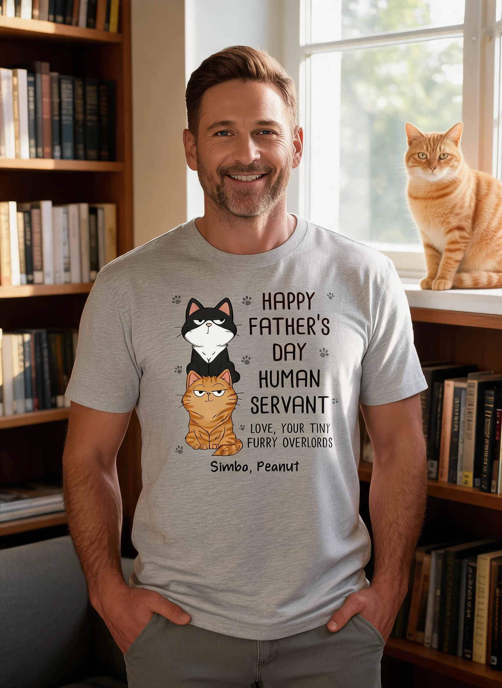 Happy Father's Day Human Servant Stacked Cats Funny Gift For Cat Lover Personalized Shirt — Sport Grey