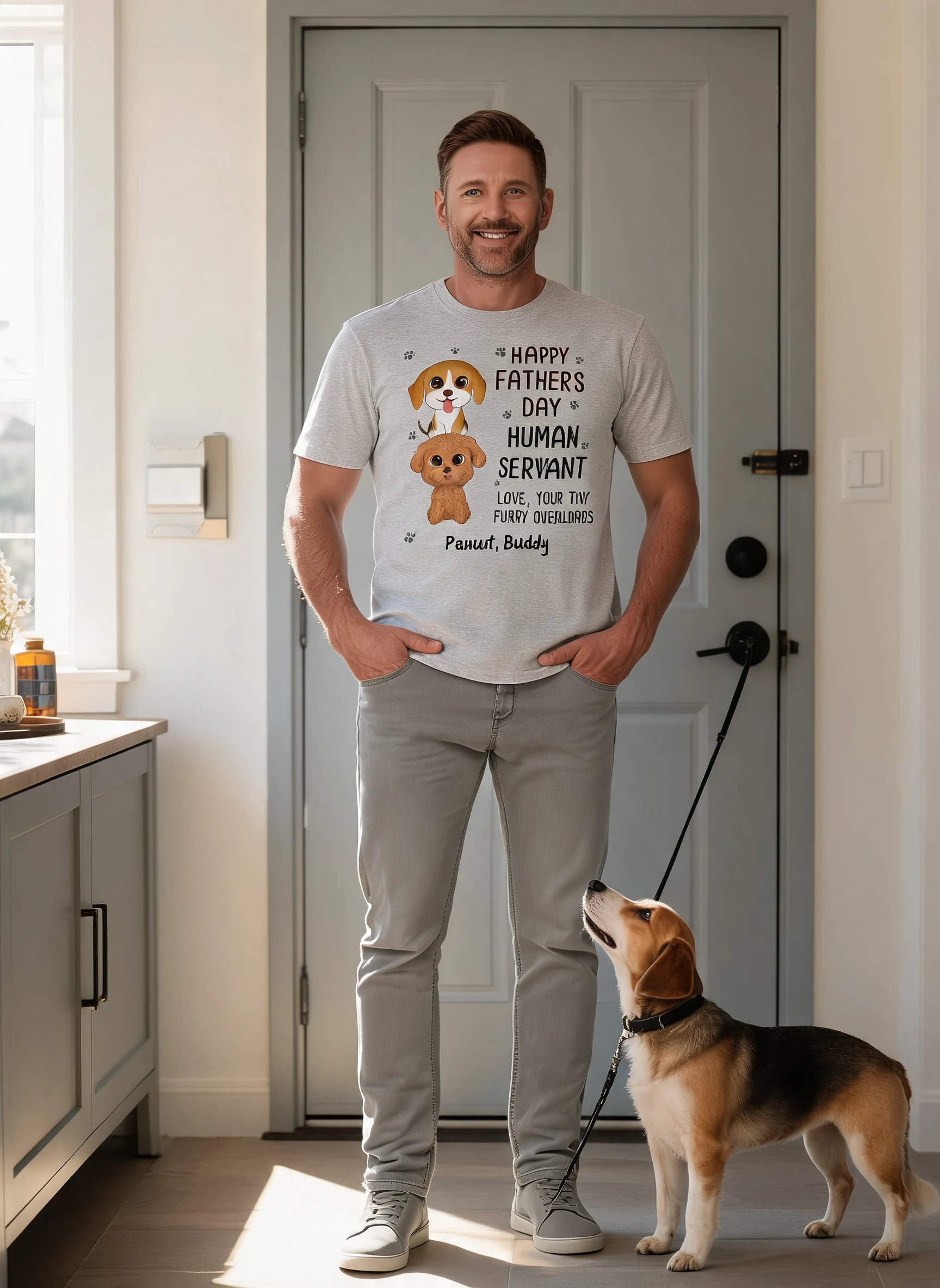 Happy Father's Day Human Servant Stacked Dogs Funny Gift For Dog Lover Personalized Shirt — Sport Grey
