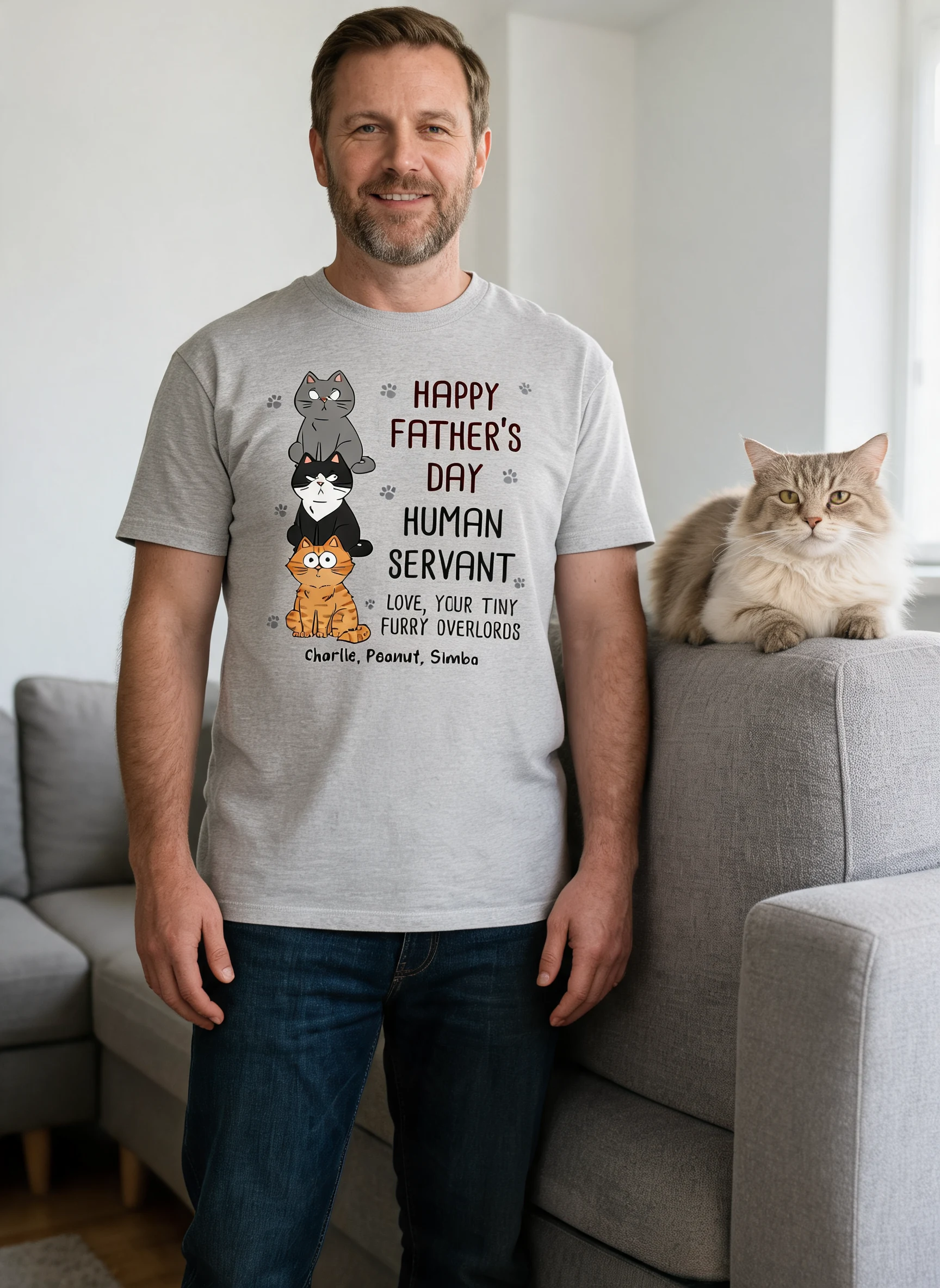 Happy Father's Day Human Servant Stacked Funny Cute Cats Funny Gift For Cat Lover Personalized Shirt — Sport Grey