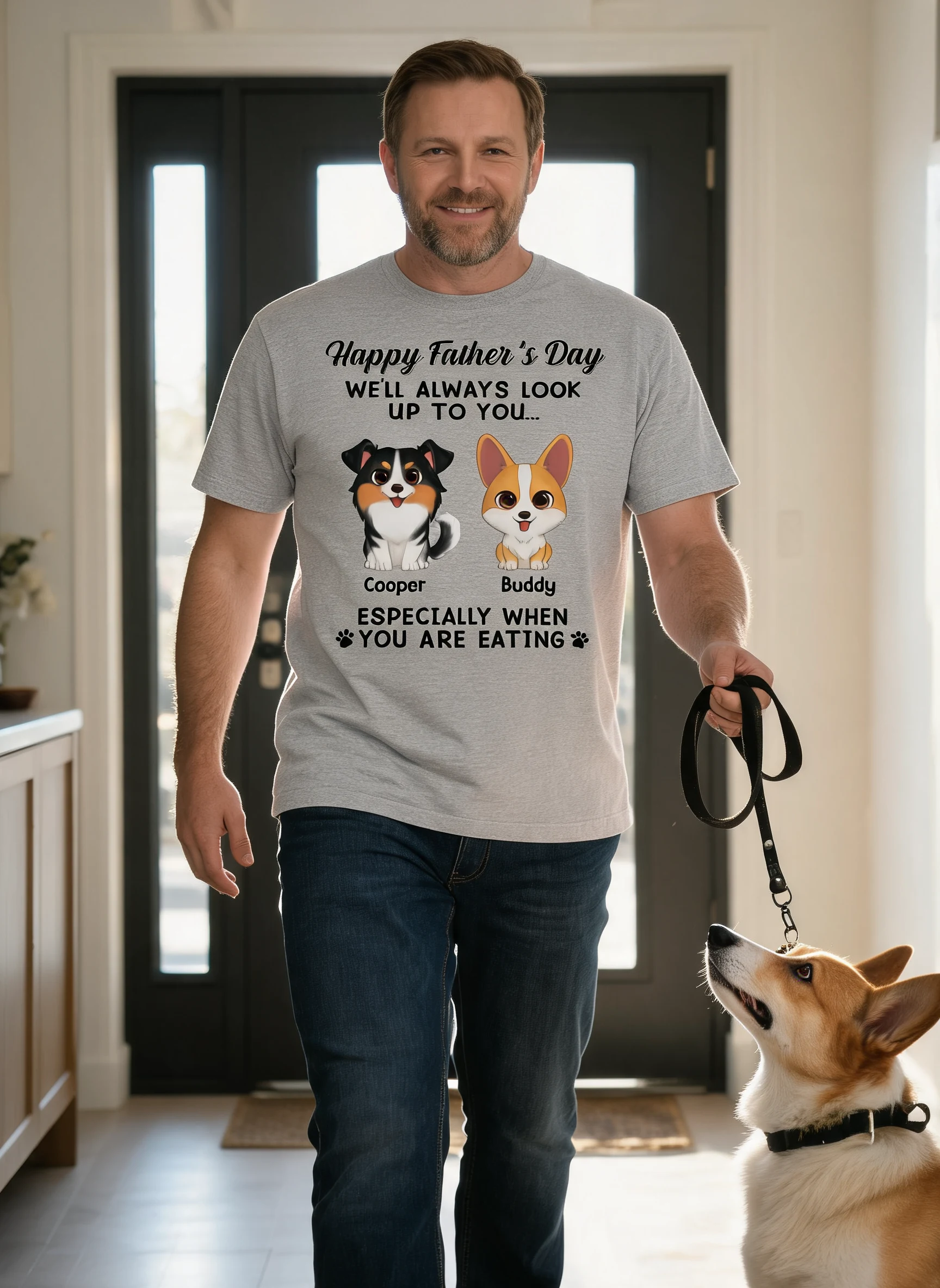 Happy Father's Day We'll Always Look Up To You Watercolor Cute Dogs Personalized Shirt — Sport Grey