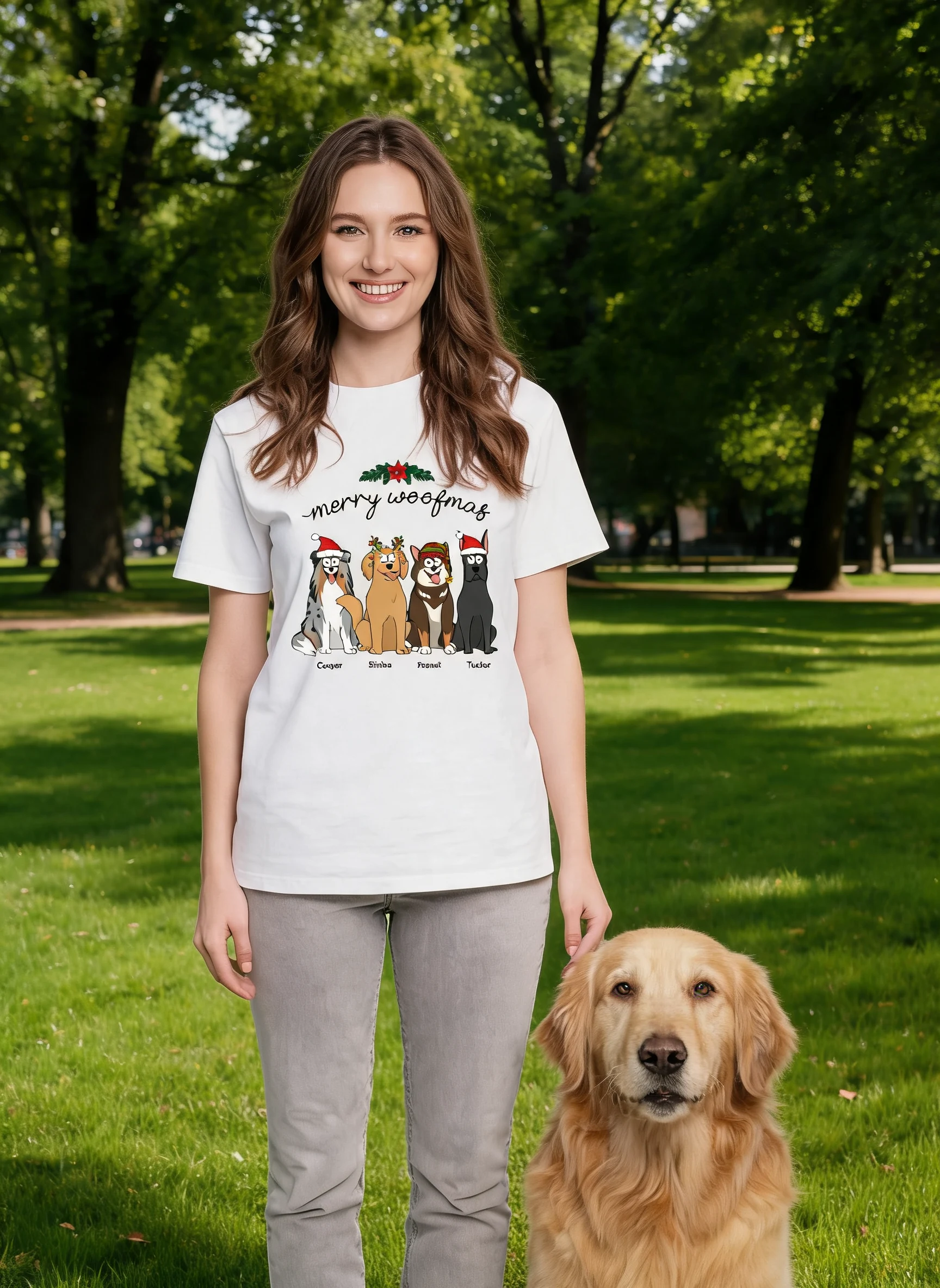 Happy Howlidays Merry Woofmas Chiens Dessin Animé Cadeau Pour Amoureux Des Chiens T-Shirt Personnalisé — Blanc