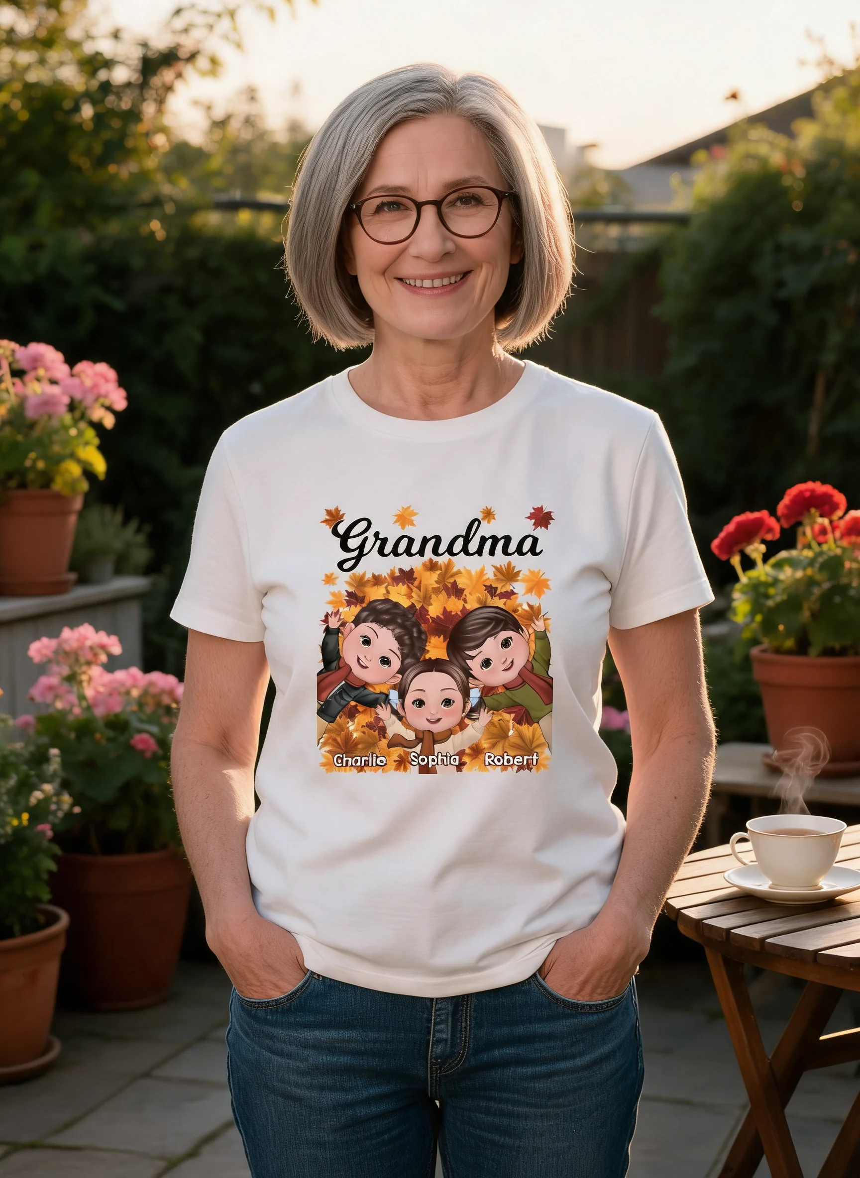 Happy Kids Laying On Fall Leaves Grandma Mom Personalized Shirt — White