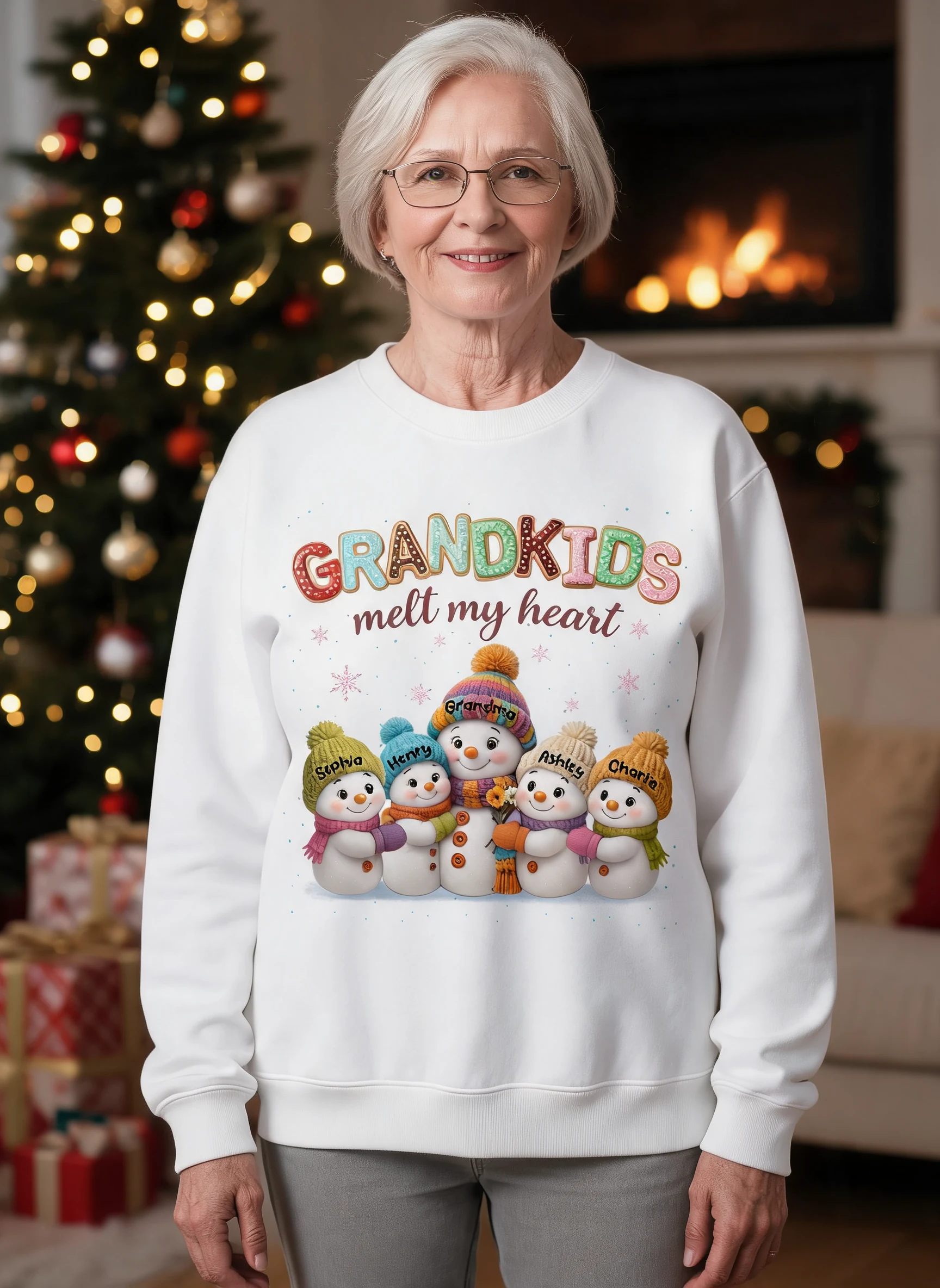 Heartwarming Christmas Snowman Grandma Grandkids Melt My Heart - Personalized Sweatshirt β White