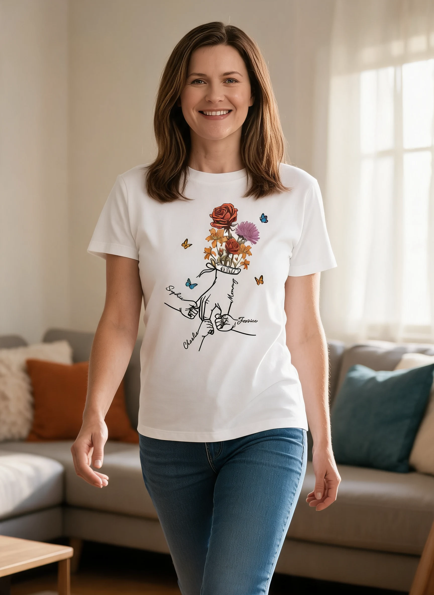 Holding Mom Grandma Hand Birth Month Flowers Personalized Shirt — White