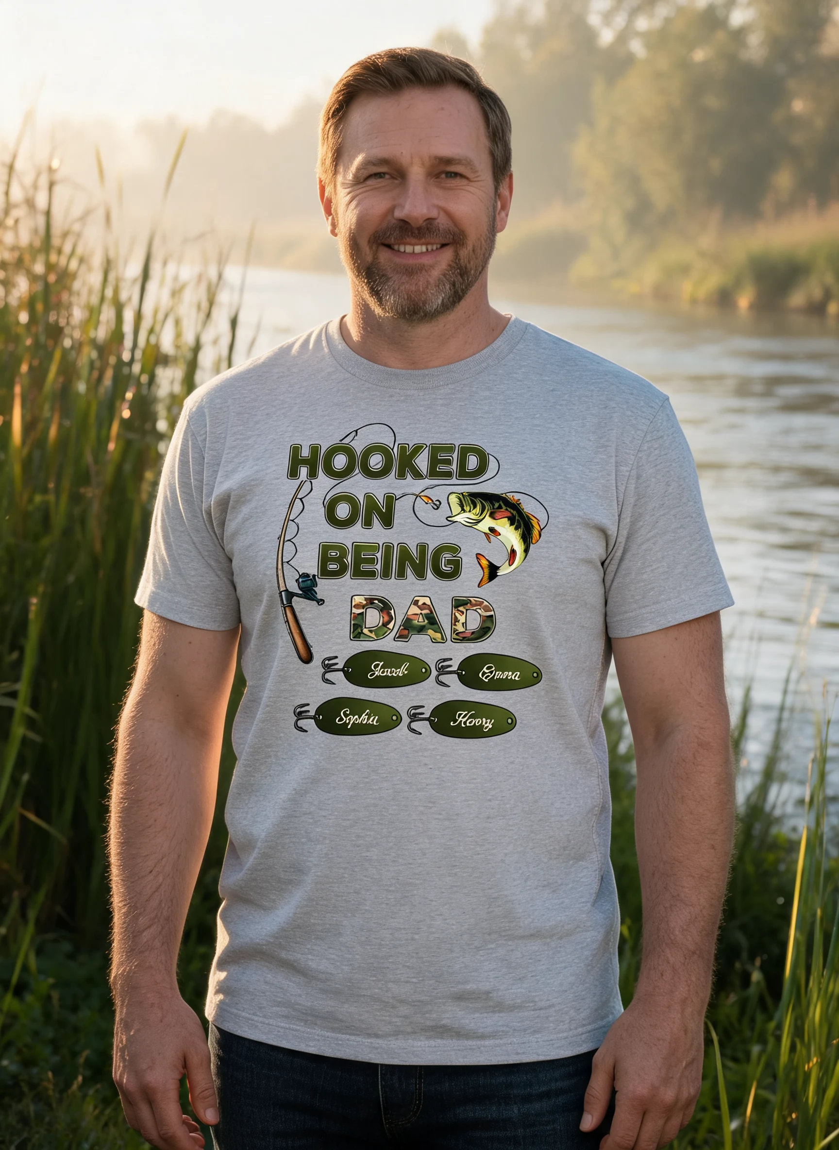 Hooked On Being Dad Grandpa Fishing Camouflage Personalized Shirt, Gift For Dad, Husband, Grandpa — Sport Grey
