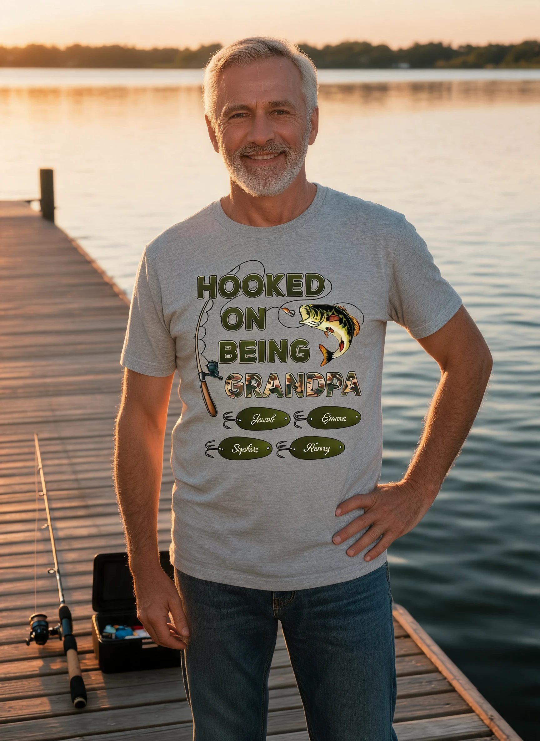 Hooked On Being Grandpa Papa Fishing Camouflage - Personalized Shirt - Gift For Proud American Dad, Grandpa — Sport Grey