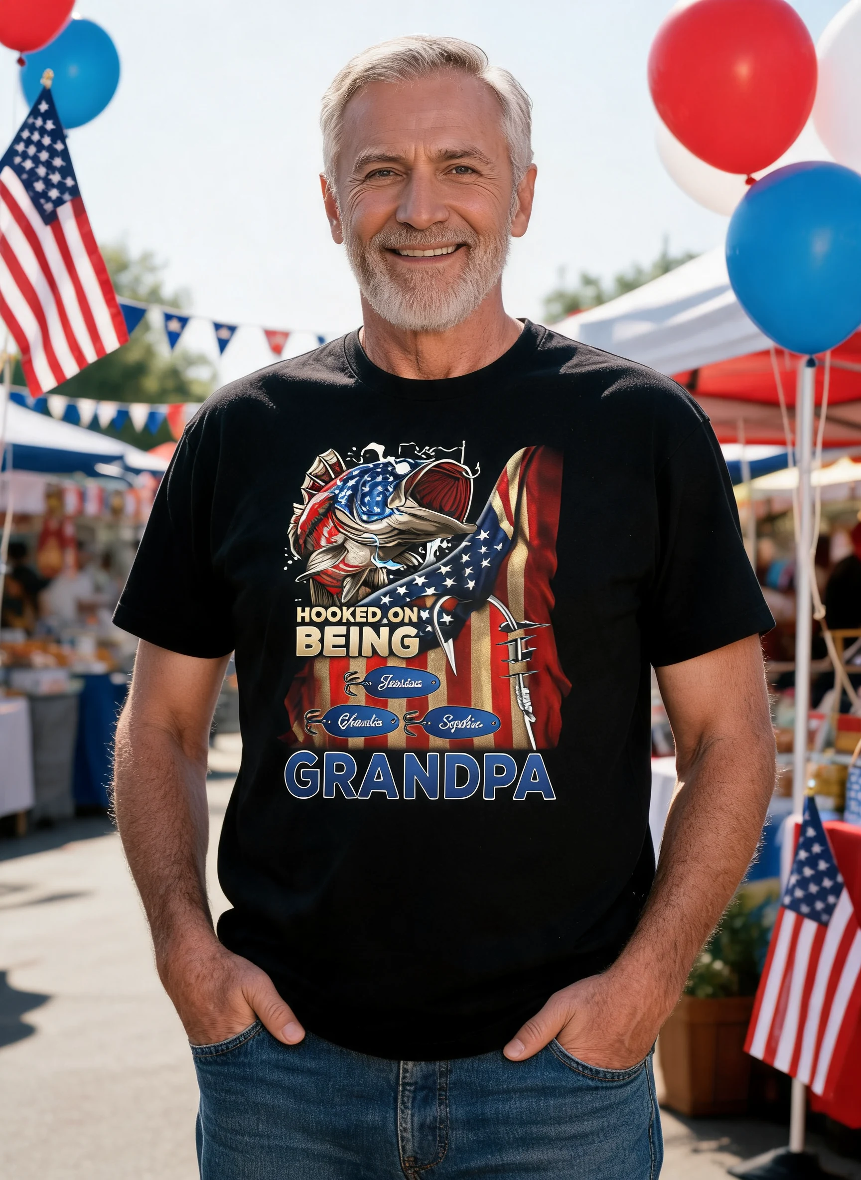 Hooked On Fishing Dad Grandpa Nation Flag Personalized Shirt — Black