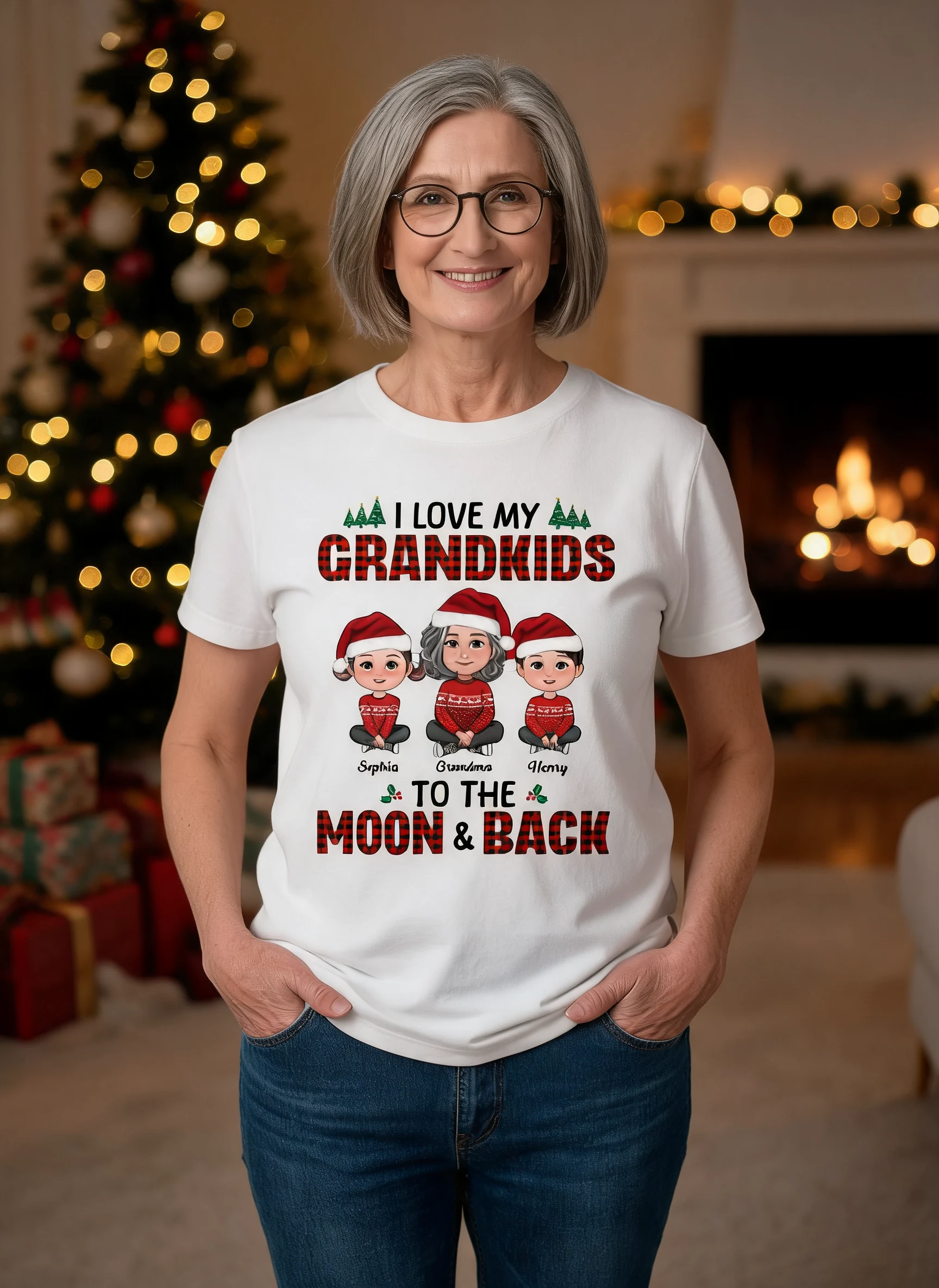 I Love My Grandkids To The Moon And Back Doll Grandma And Kids Sitting Crossed Legs Christmas Personalized Shirt β White