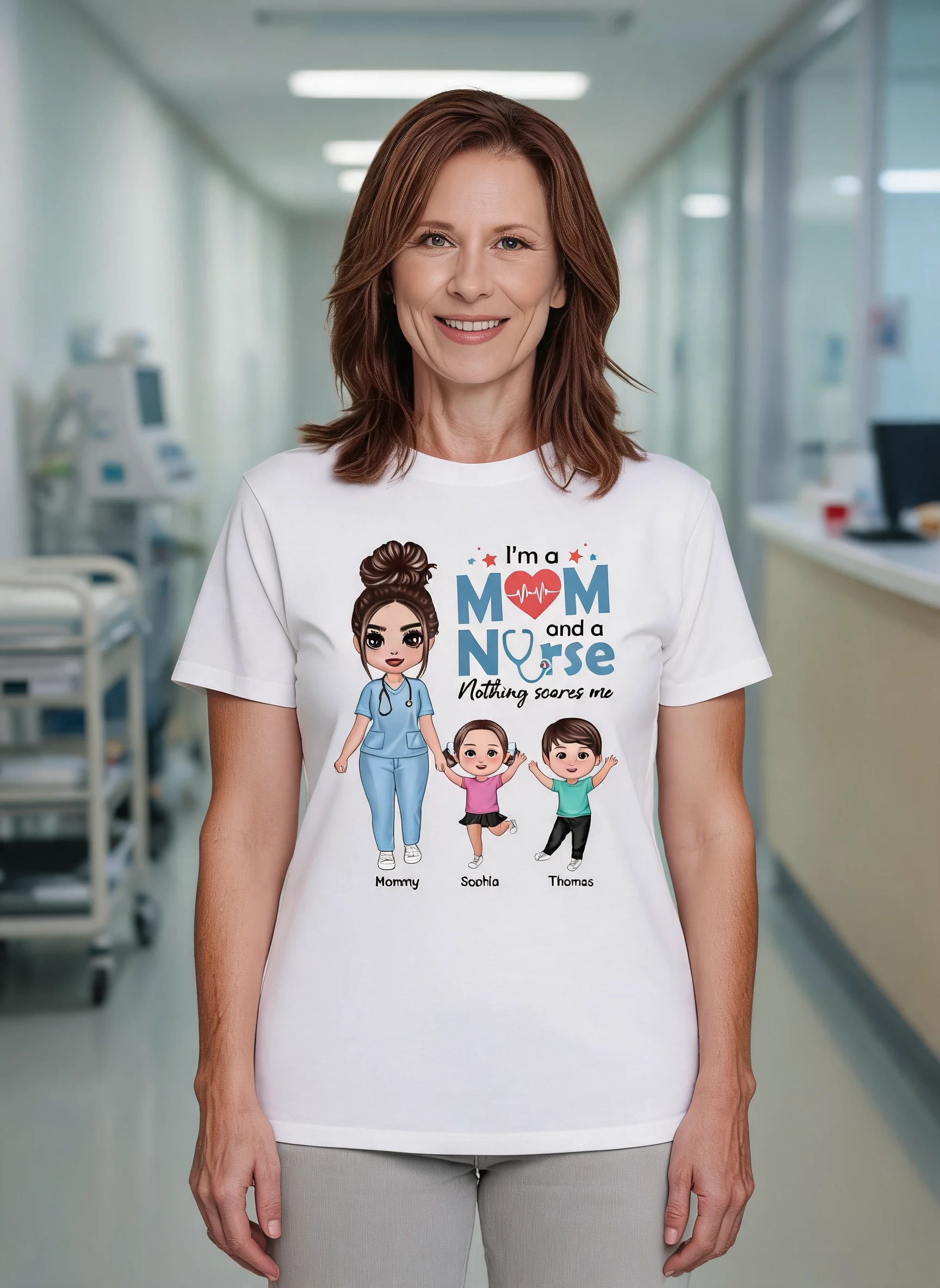 I'm A Nurse And A Mom Nothing Scares Me Woman & Kids Personalized Shirt — White