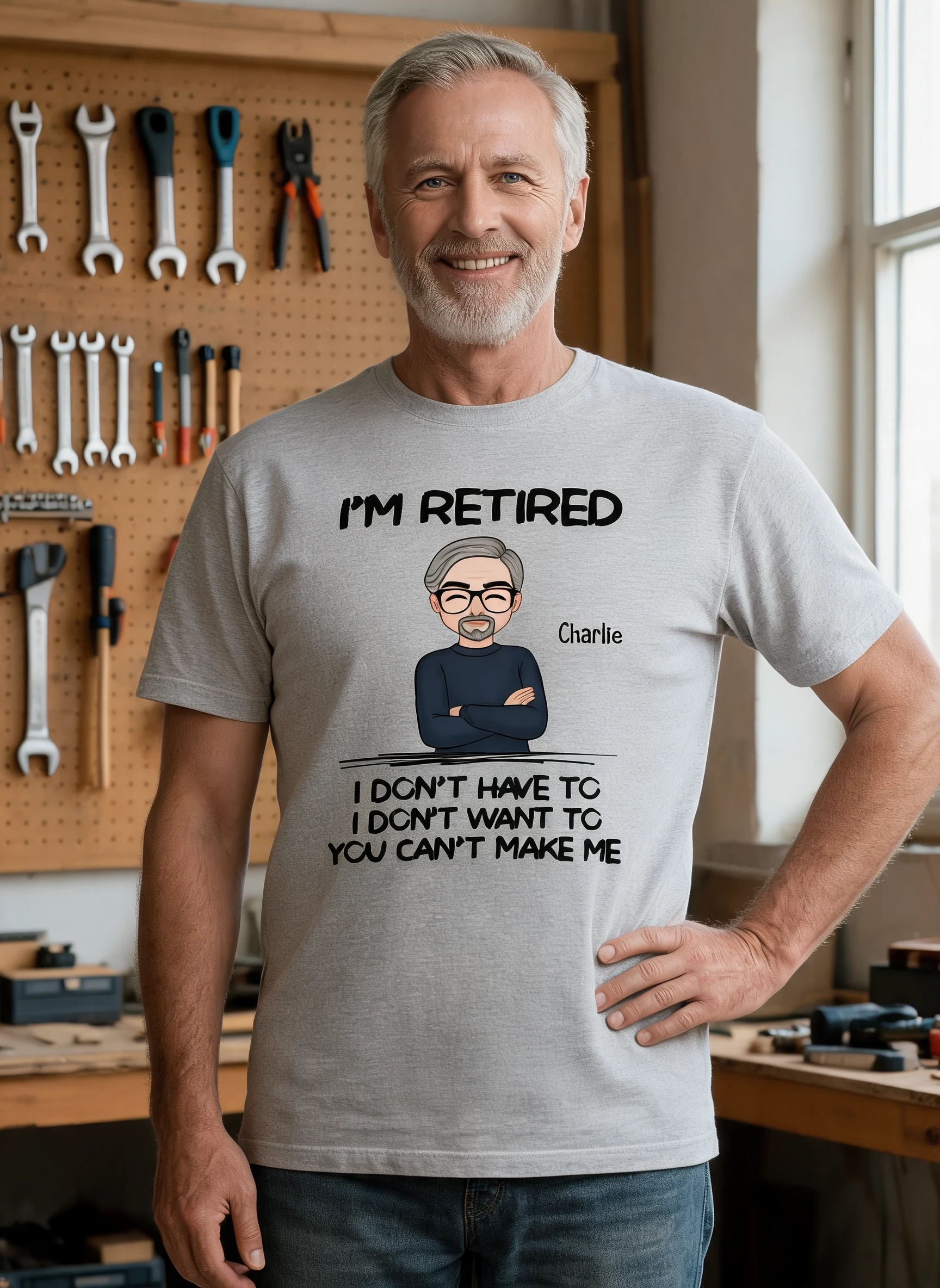 I'm Retired You Can't Make Me Personalized Shirt, Funny Retirement Gift For Men, For Husband, Dad, Grandpa — Sport Grey