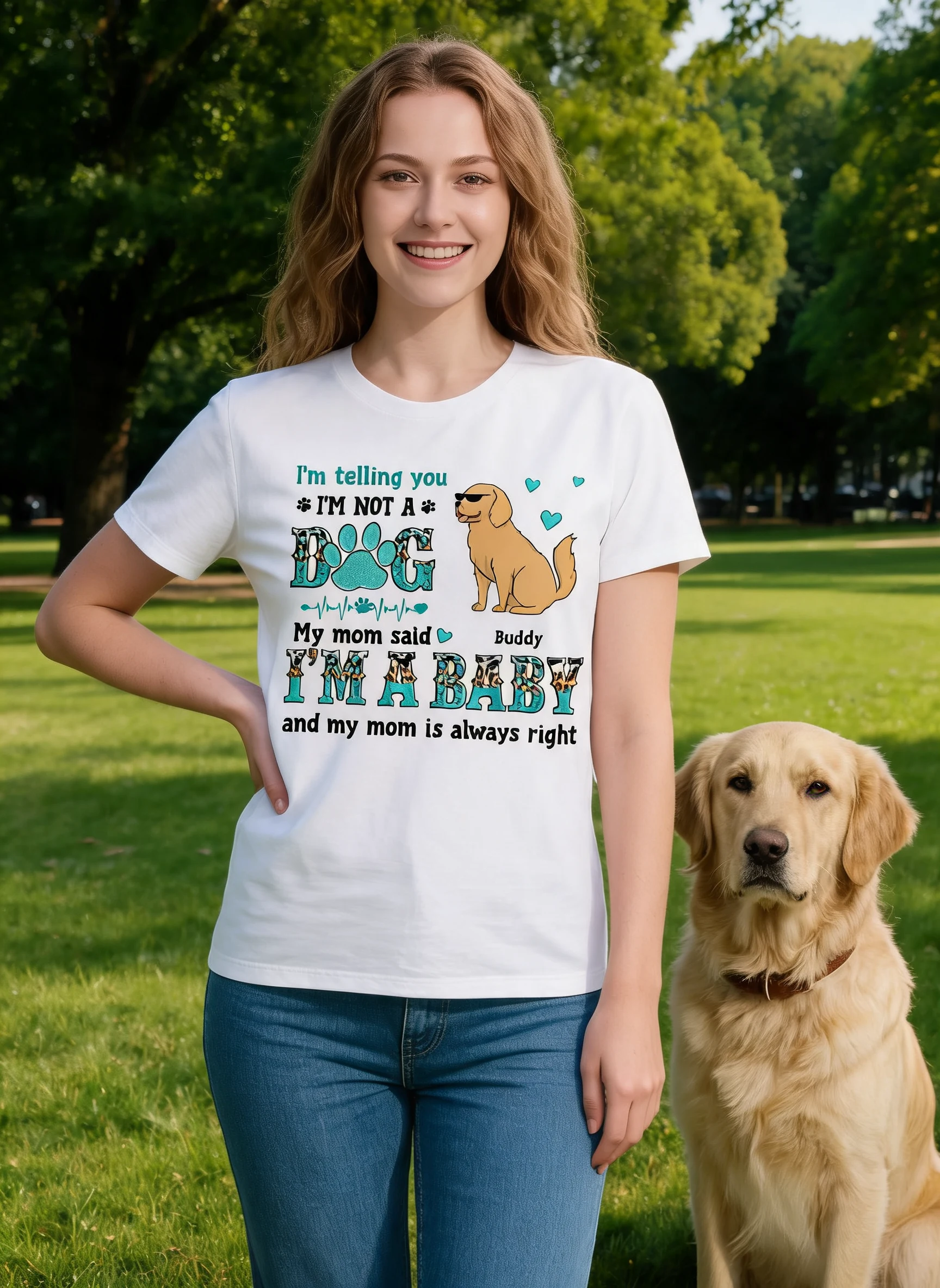 Ich sag dir, ich bin kein Hund Lustige Hunde Cartoon Türkis & Leopardenmuster Personalisiertes Shirt — Weiß