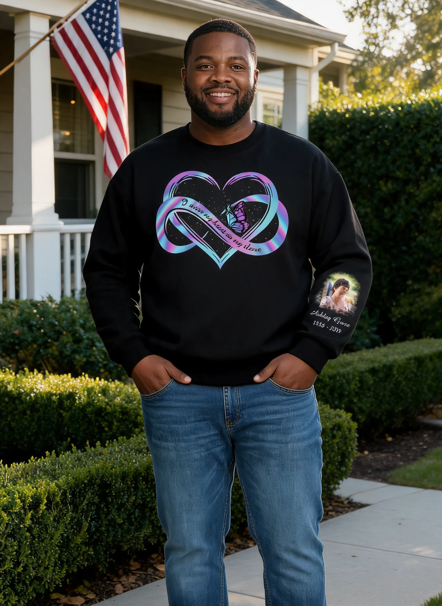 I Wear My Heart On My Sleeve Memorial, Sympathy Gift, Personalized Sleeve Printed Sweatshirt β Black