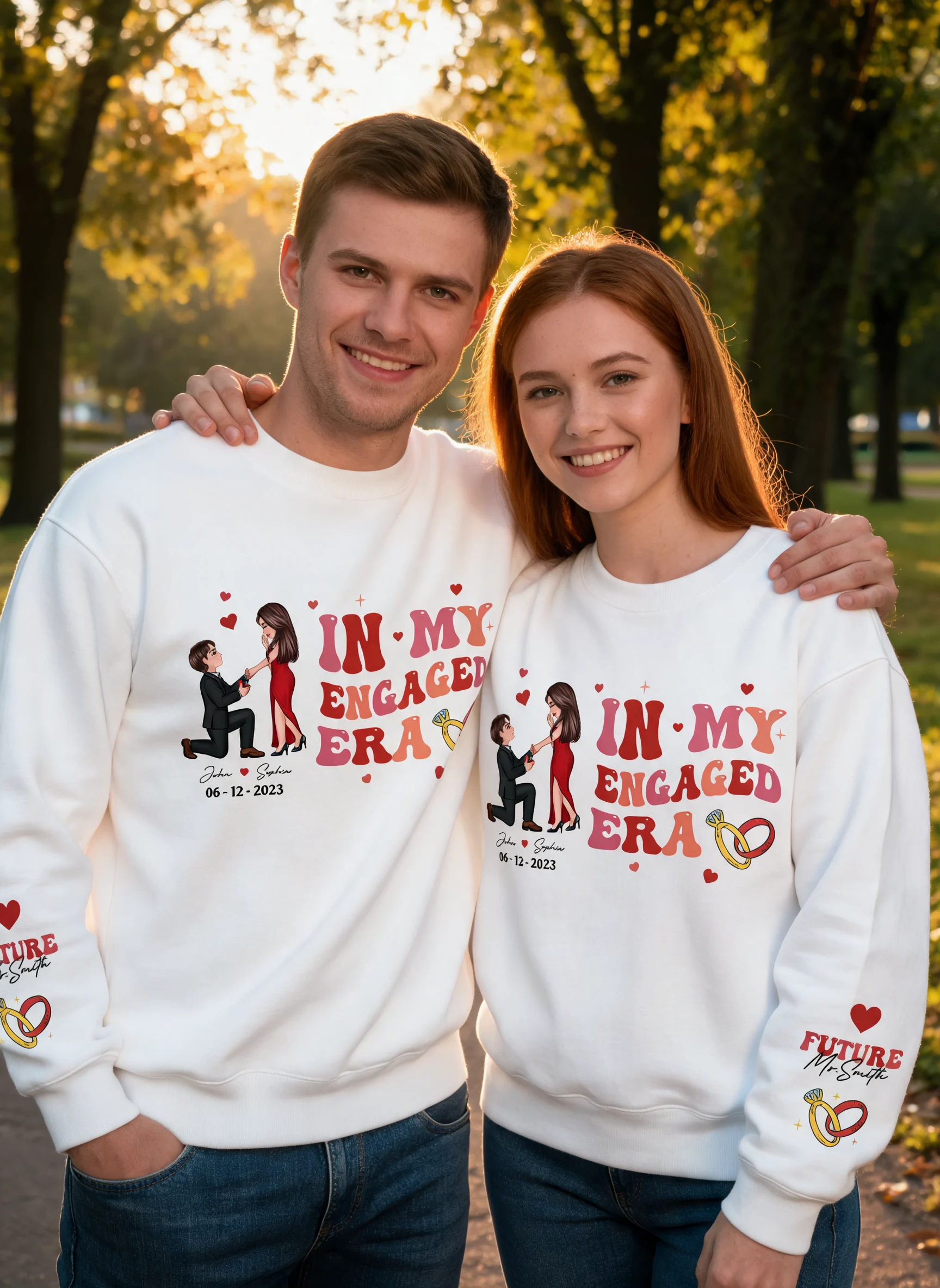 In My Engaged Era Proposing Couple Personalized Sleeved Printed Sweatshirt, Gift, Engagement Gift For Her, Gift For The Bride-To-Be β White
