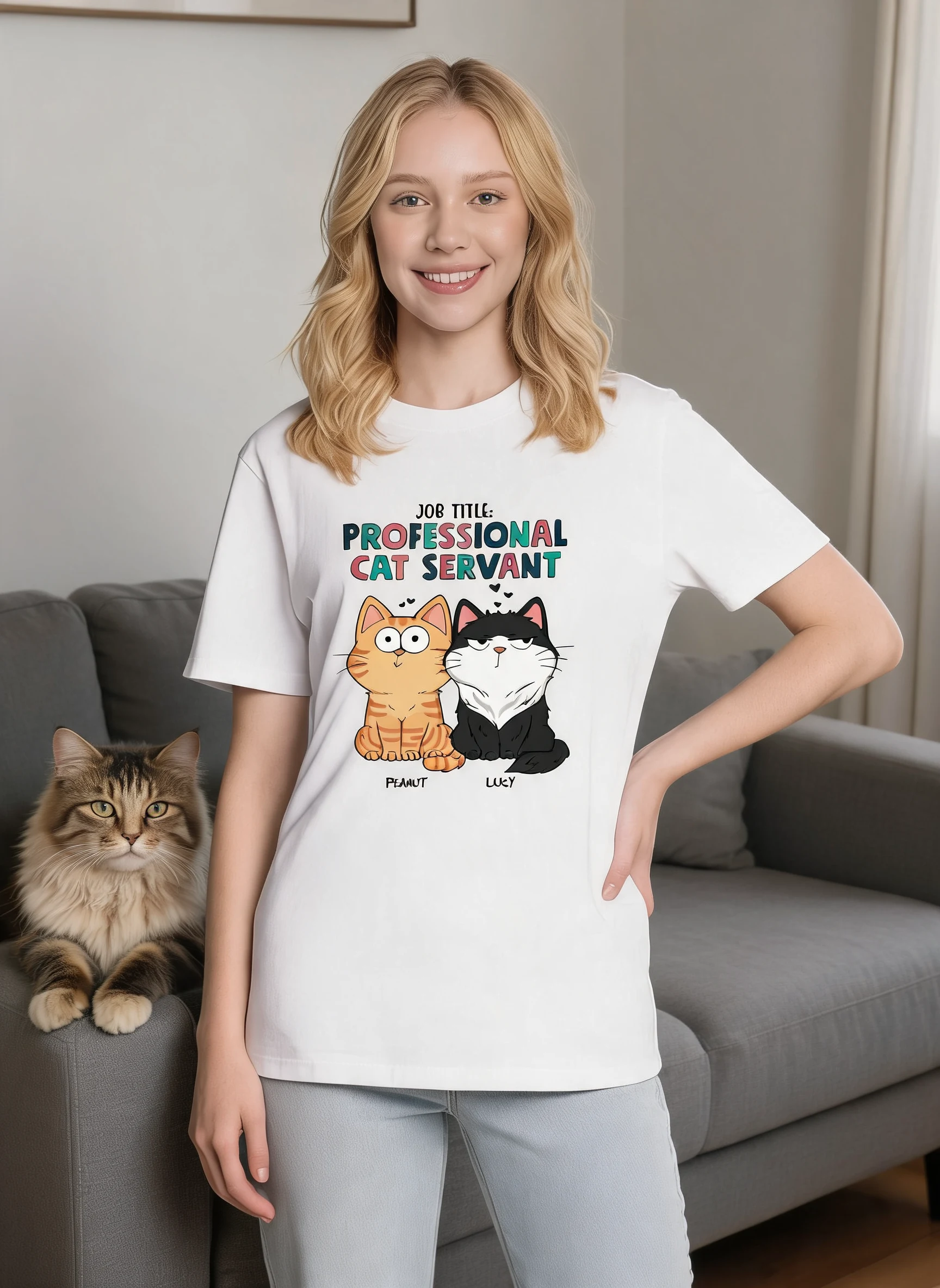 Job Title Professional Cat Servant Funny Cat Expression Personalized Shirt — White