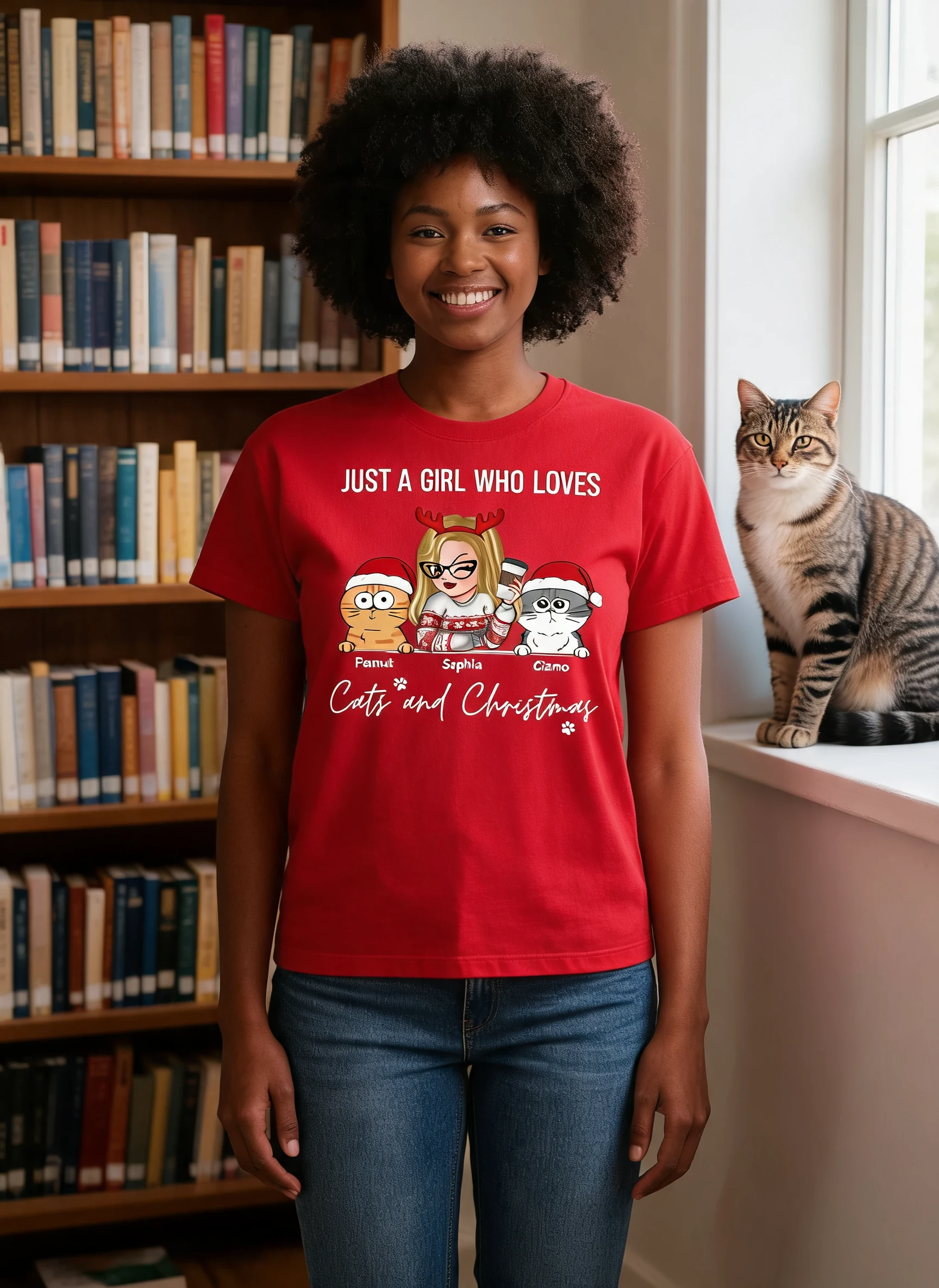 Juste une fille qui aime Noël et ses chats T-shirt personnalisé, Pull de Noël pour les amoureux des chats, Maman chat — Blanc